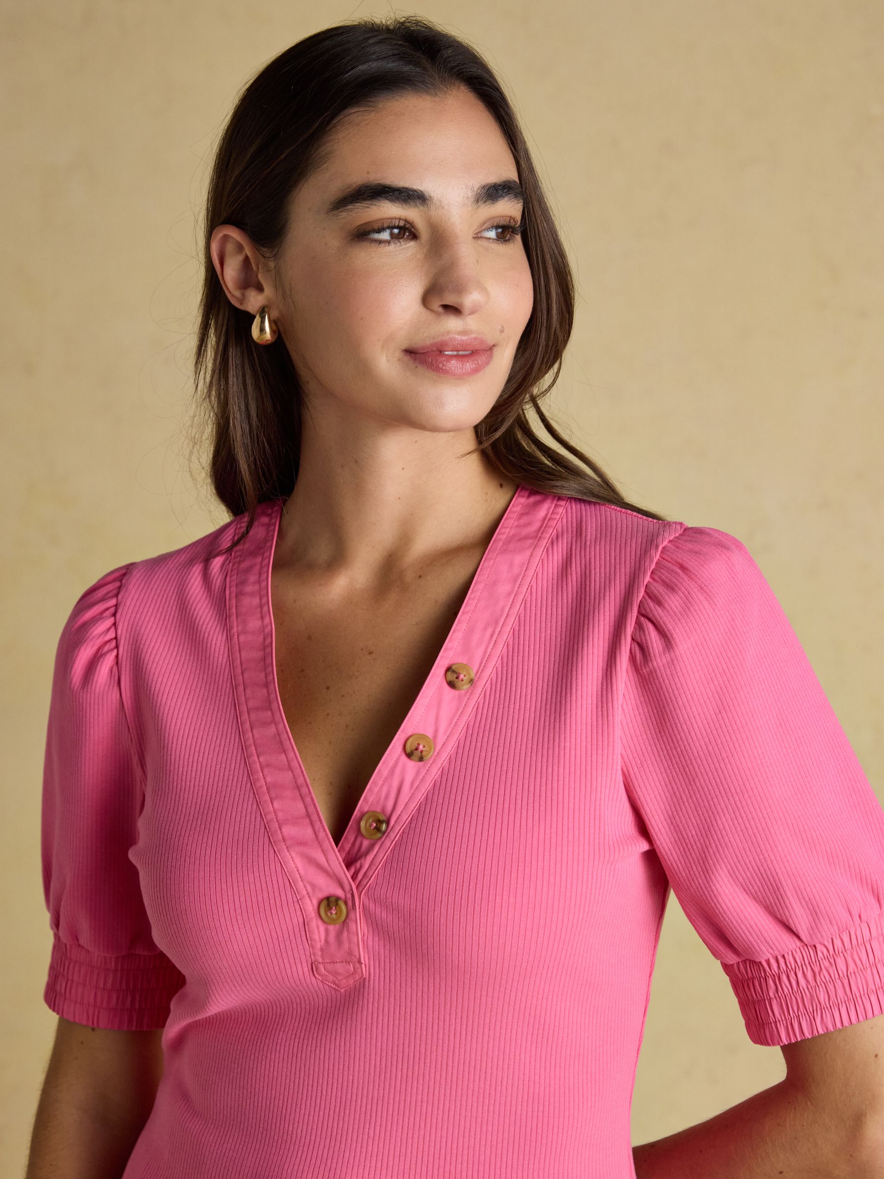Tabitha Pink Ribbed V Neck Top With Puff Sleeves | Joules