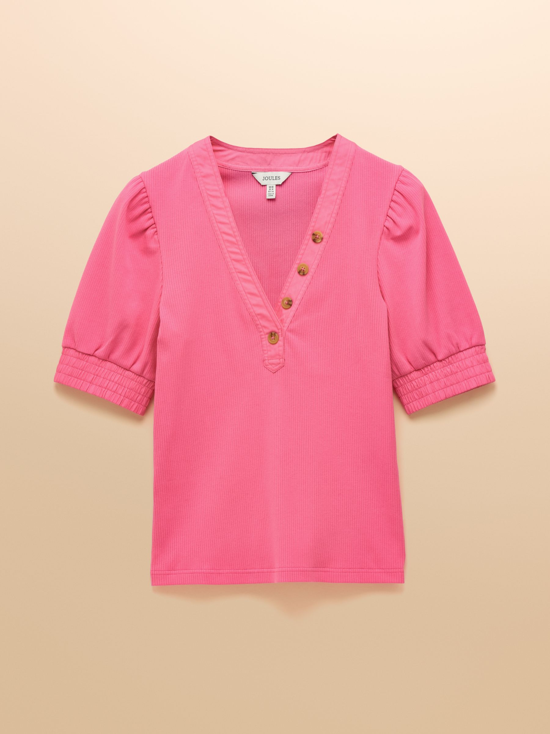 Tabitha Pink Ribbed V Neck Top With Puff Sleeves | Joules