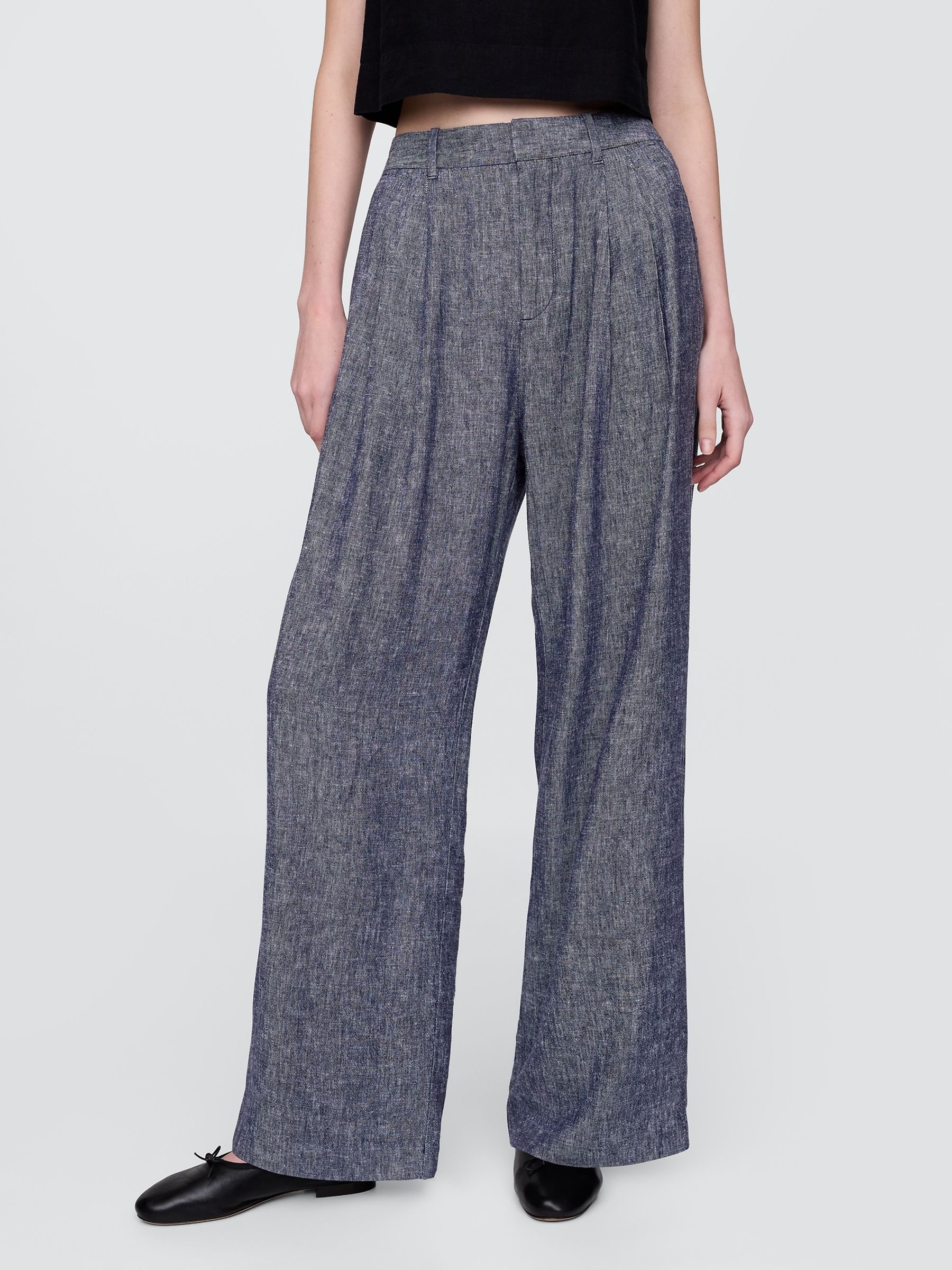 Navy Blue Wide Leg Heavyweight Linen-Blend Trousers - Image 3 of 5