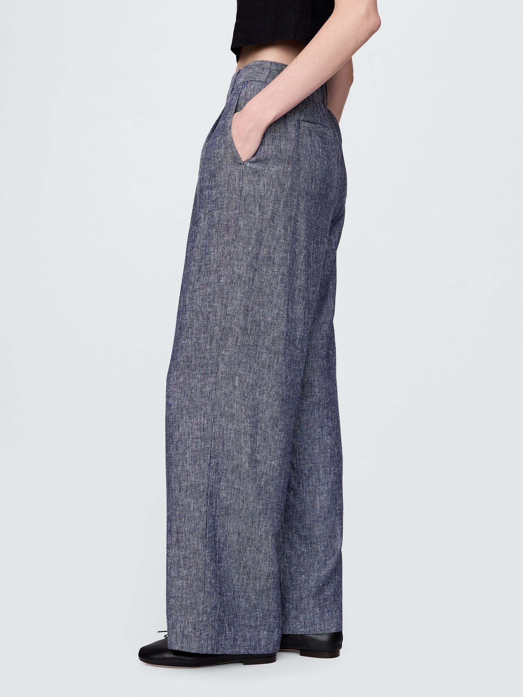 Navy Blue Wide Leg Heavyweight Linen-Blend Trousers - Image 4 of 5