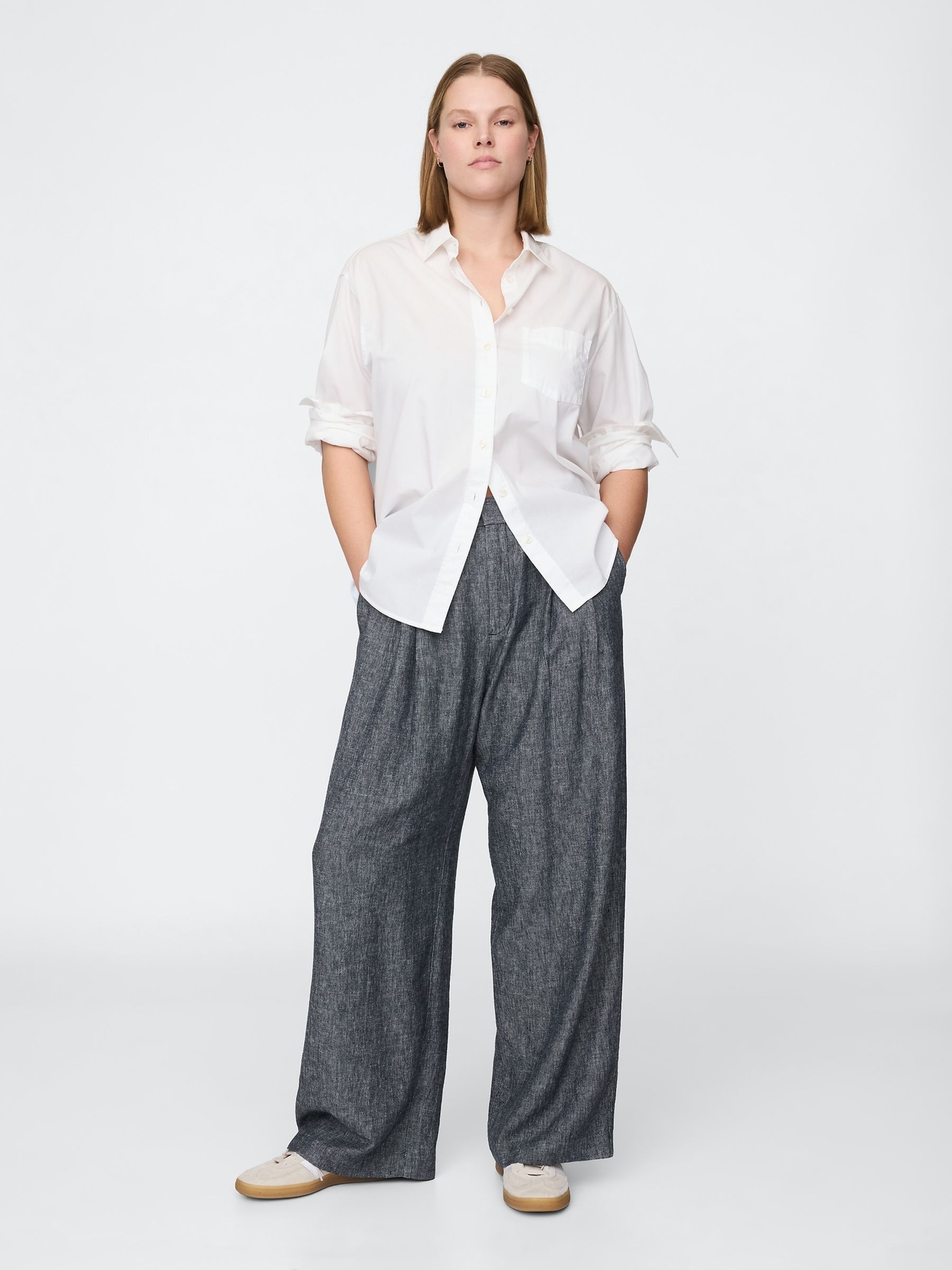 Navy Blue Wide Leg Heavyweight Linen-Blend Trousers - Image 5 of 5