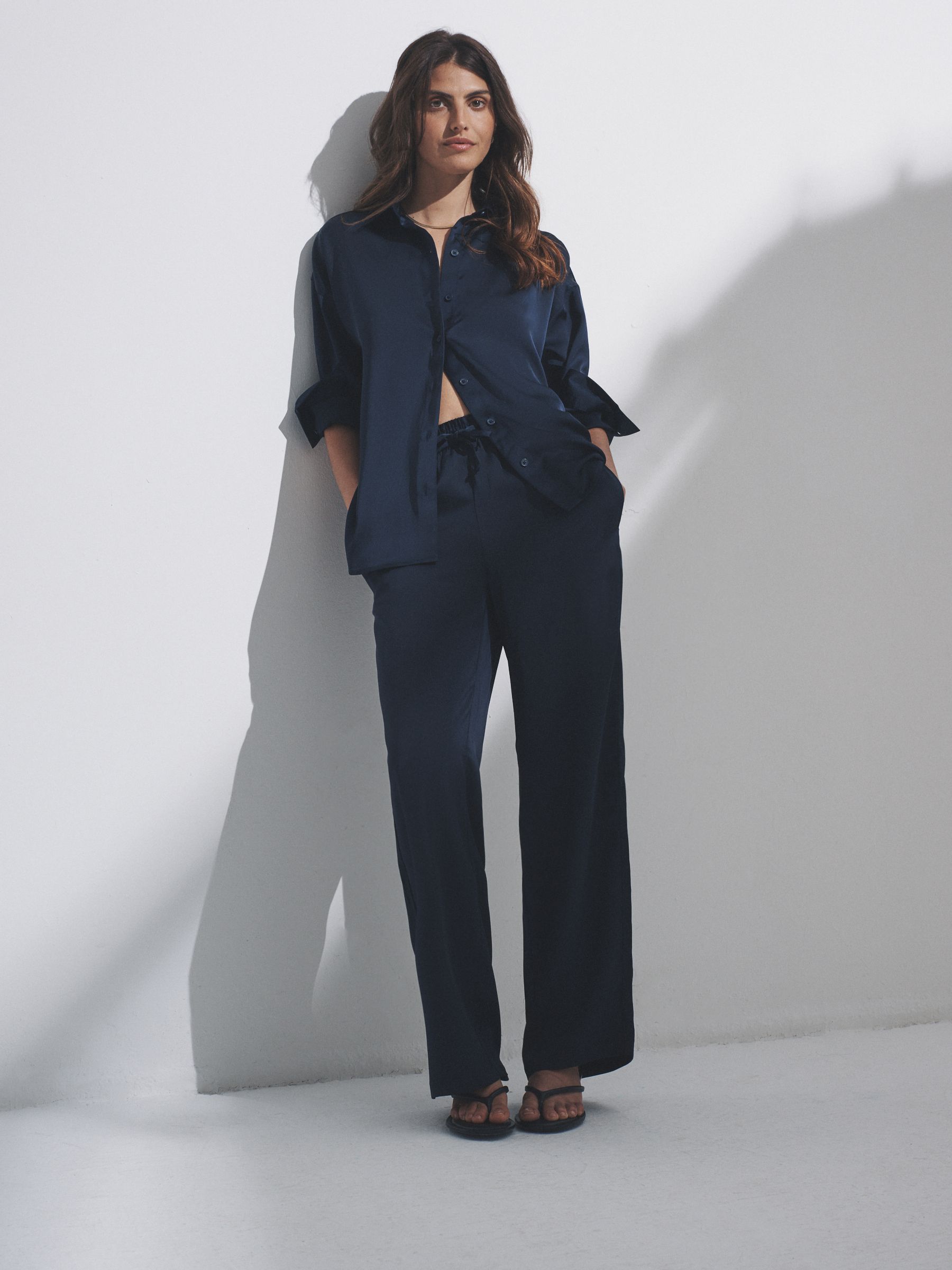 Navy Blue - Satin Shirt and Trousers Co-Ord - Image 1 of 11
