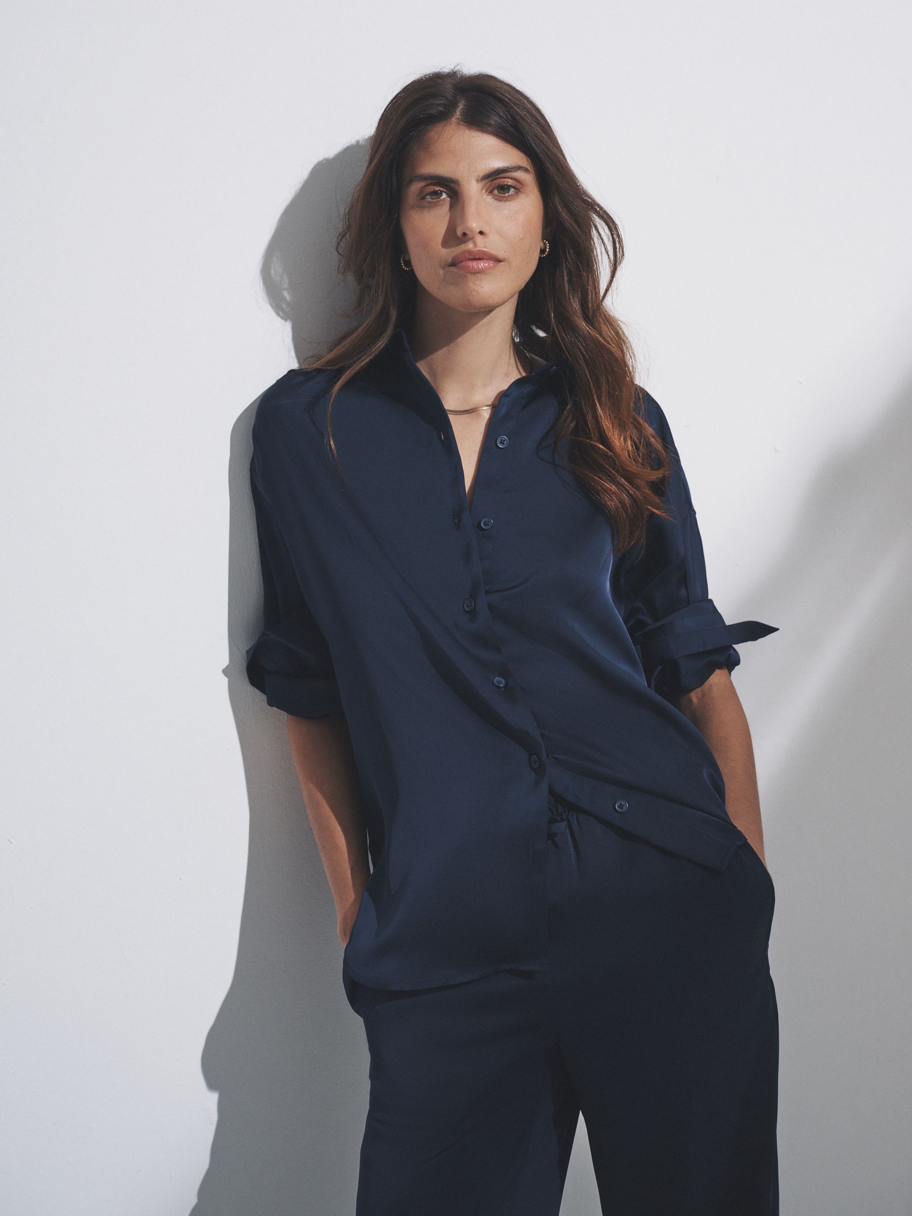 Navy Blue - Satin Shirt and Trousers Co-Ord - Image 4 of 11