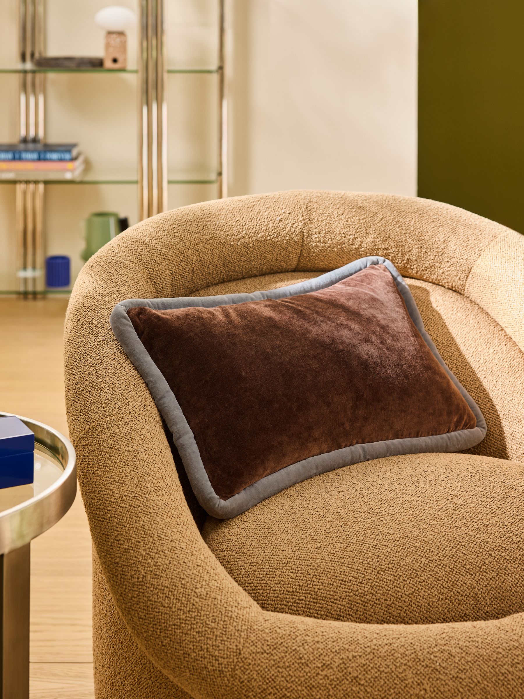 Chocolate/Navy Huxley Cotton Velvet Jumbo Pipe Cushion - Image 1 of 6