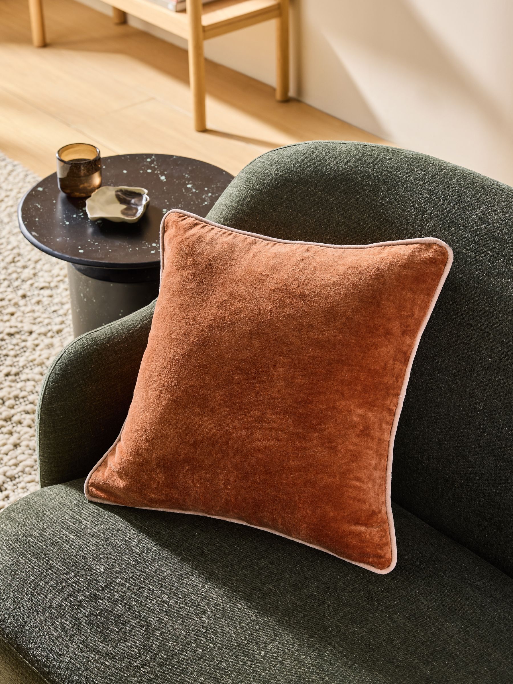 Bailey Cotton Velvet Piped Cushion in Rust Brown - Image 1 of 3