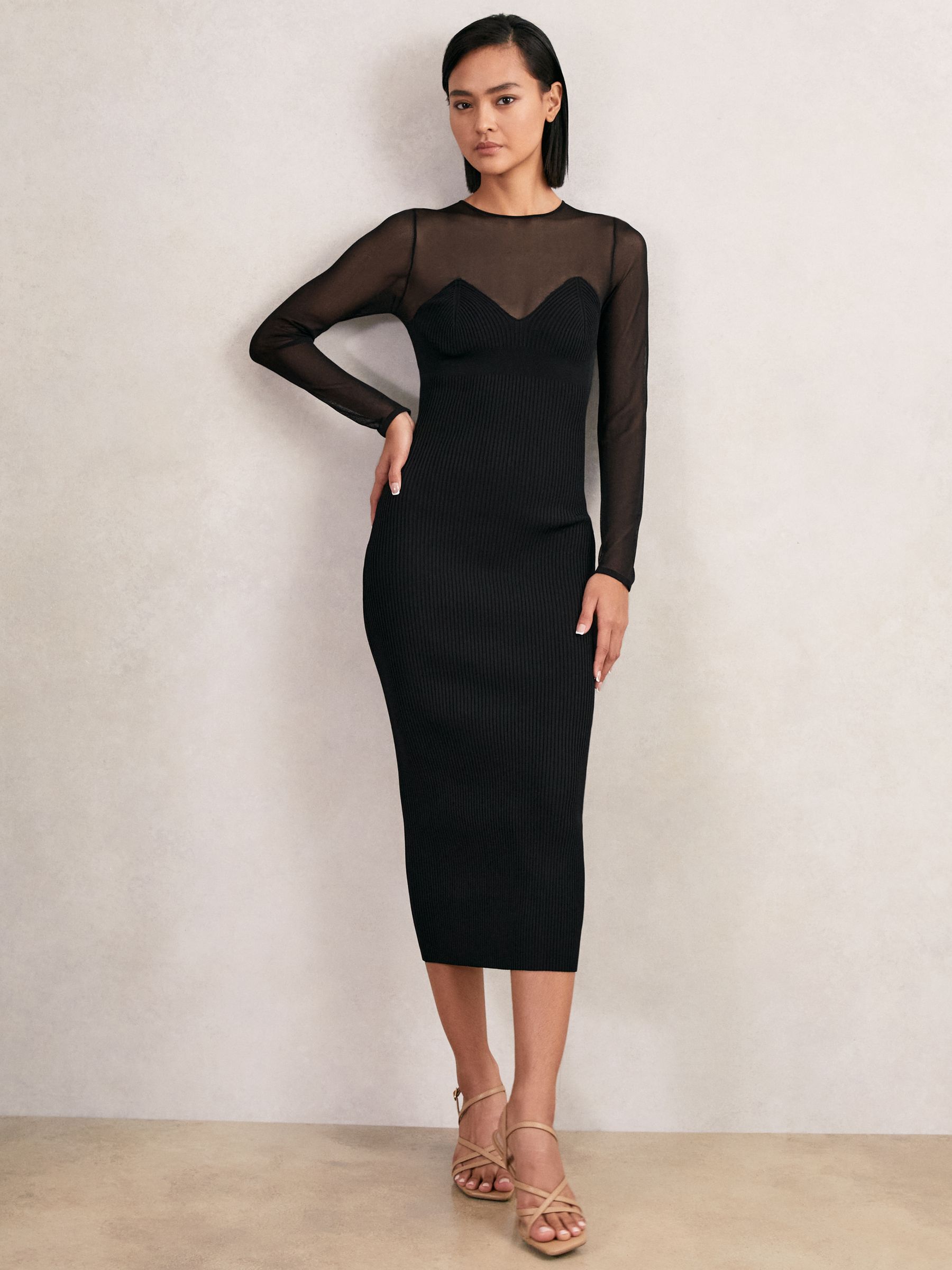 Mesh Rib-Knit Sweetheart Midi Dress in Black - Image 1 of 6 Mesh Rib-Knit Sweetheart Midi Dress in Black - Image 1 of 6