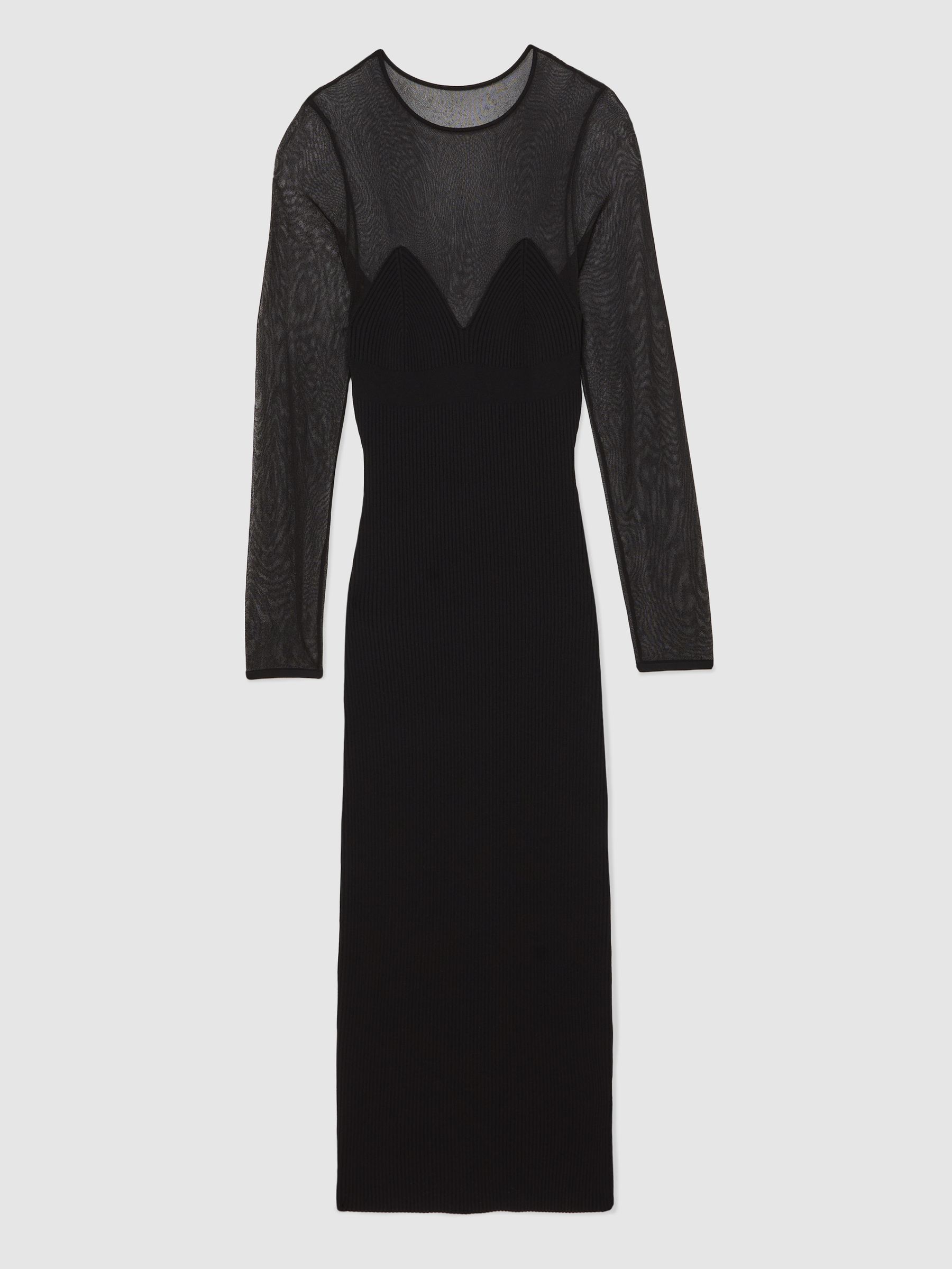 Mesh Rib-Knit Sweetheart Midi Dress in Black - image 1