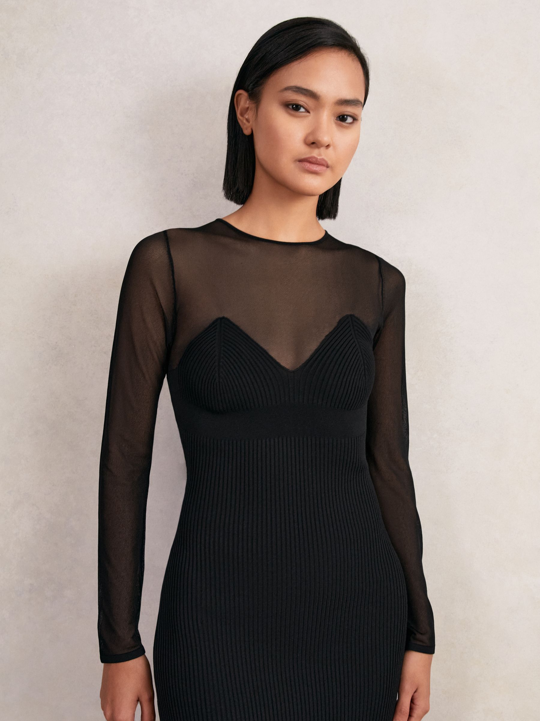Mesh Rib-Knit Sweetheart Midi Dress in Black - Image 4 of 6