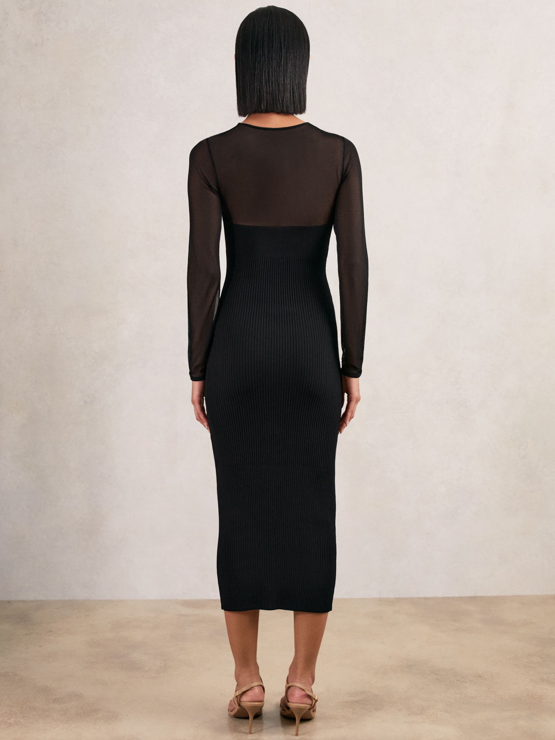 Mesh Rib-Knit Sweetheart Midi Dress in Black - image 4