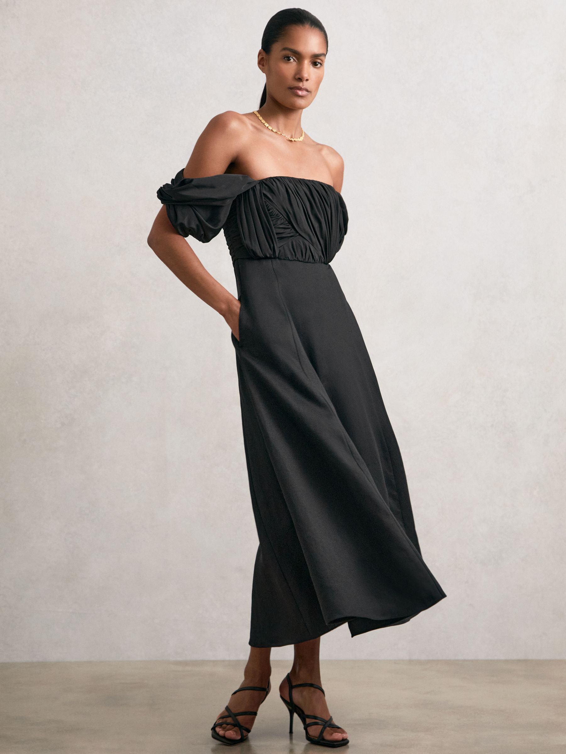 Bardot Sculpted Bodice Midi Dress With Linen in Black - Image 1 of 5 Bardot Sculpted Bodice Midi Dress With Linen in Black - Image 1 of 5