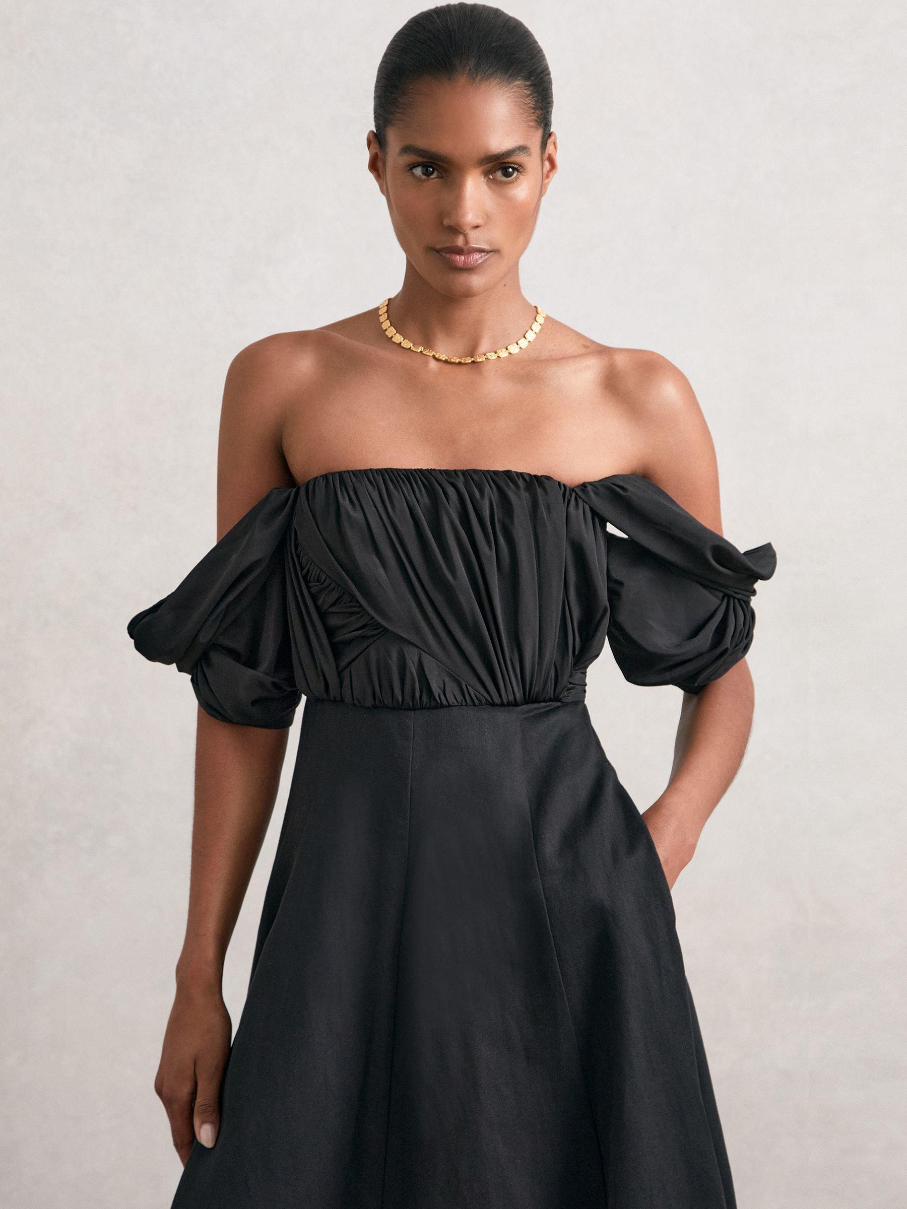 Bardot Sculpted Bodice Midi Dress With Linen in Black - Image 3 of 5