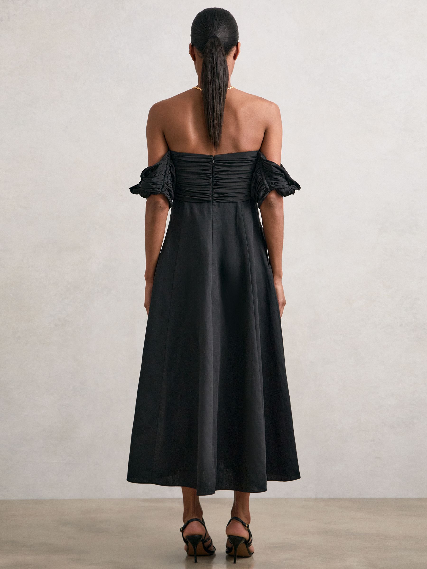 Bardot Sculpted Bodice Midi Dress With Linen in Black - Image 4 of 5