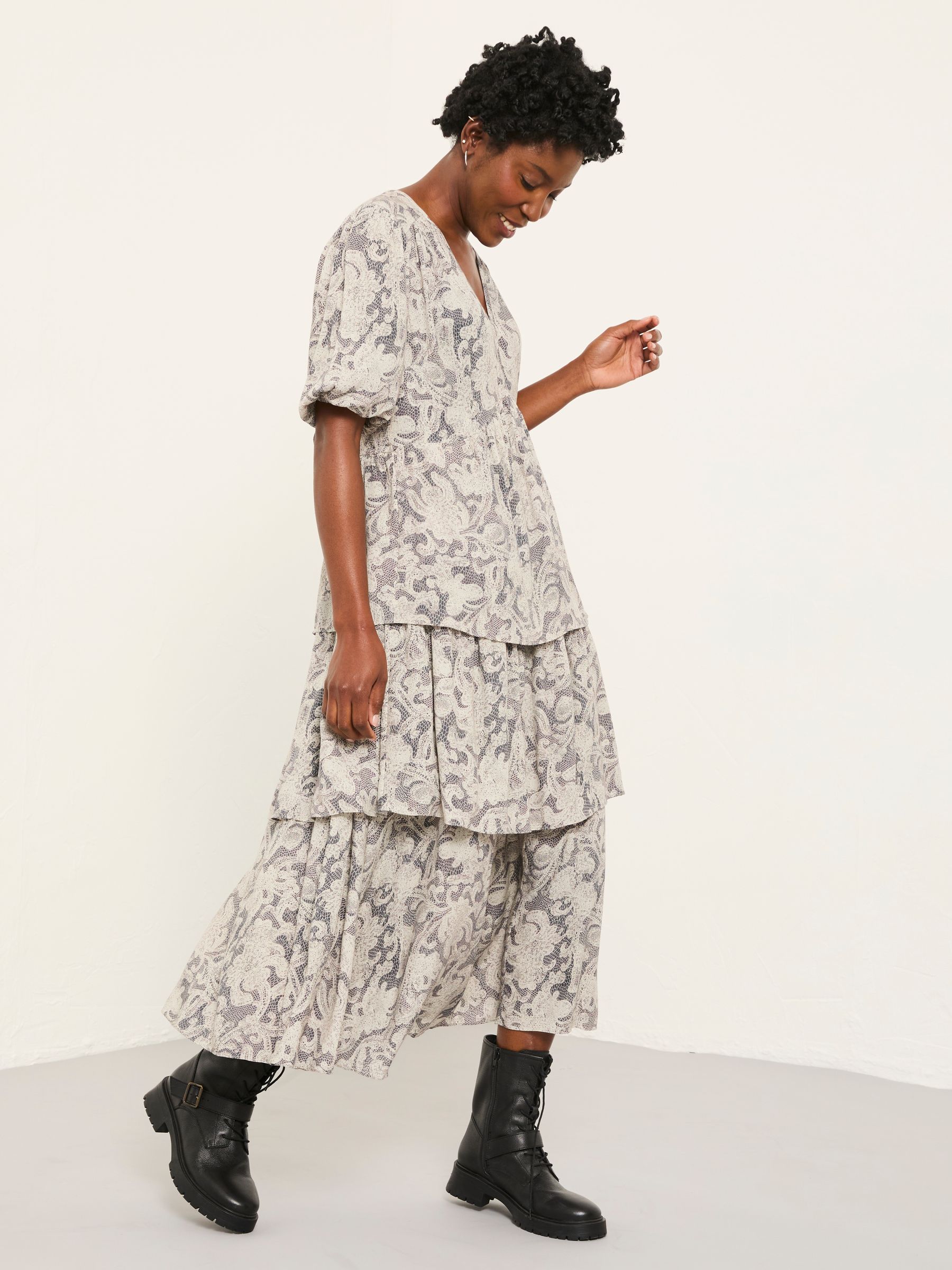 Milly Charcoal Grey Decorative Floral Petite Midi Dress - Image 1 of 6