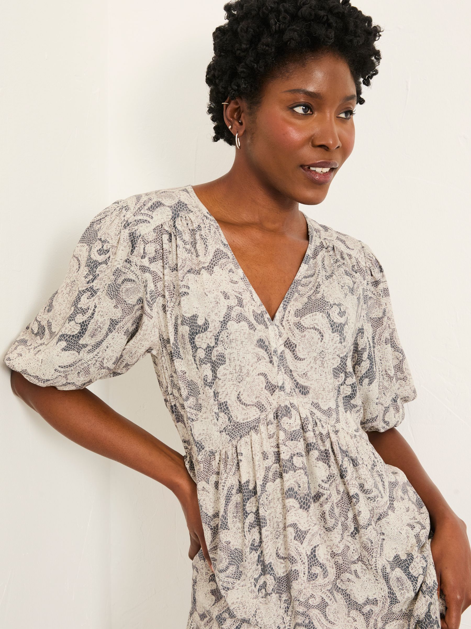 Milly Charcoal Grey Decorative Floral Petite Midi Dress | FatFace