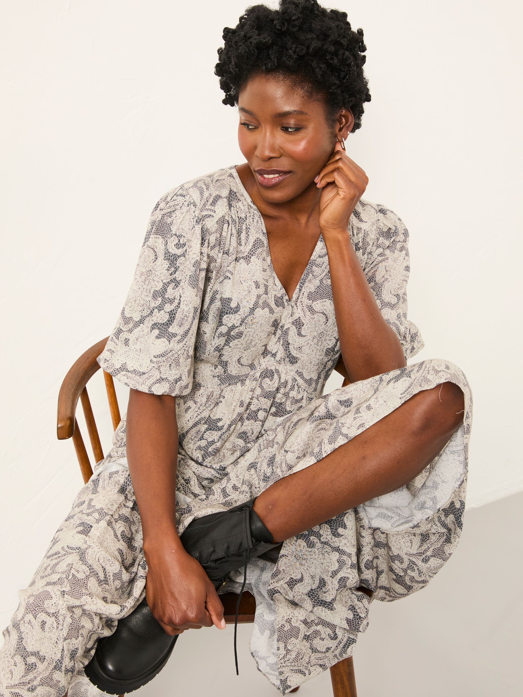 Milly Charcoal Grey Decorative Floral Petite Midi Dress - Image 5 of 6