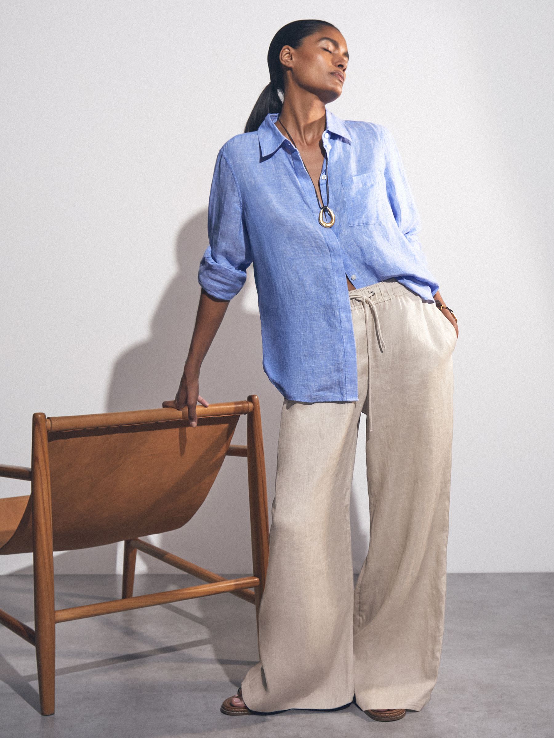 Linen-Blend Wide-Leg Trousers in Neutral - Image 1 of 6