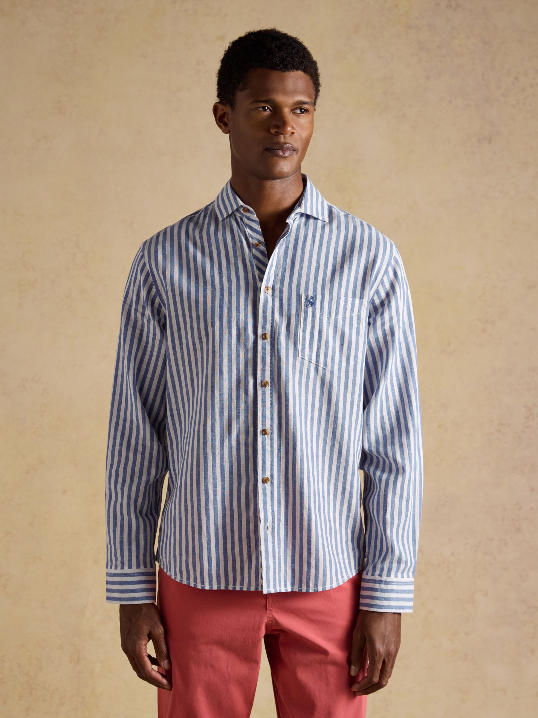 Linen Blend Blue & White Stripe Long Sleeve Shirt - Image 1 of 8
