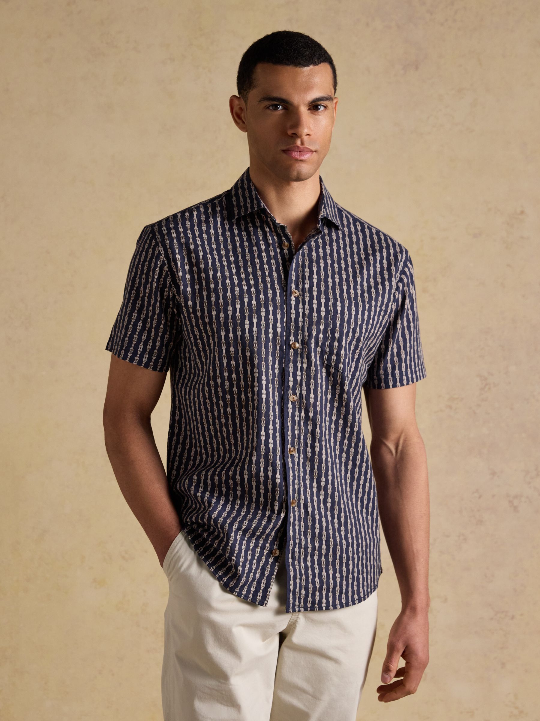 Linen Blend Navy Printed Short Sleeve Shirt - Image 1 of 8