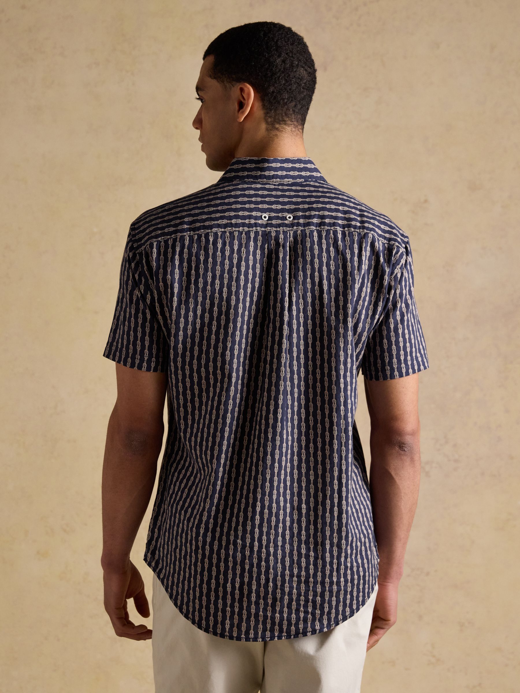 Linen Blend Navy Printed Short Sleeve Shirt - Image 3 of 8