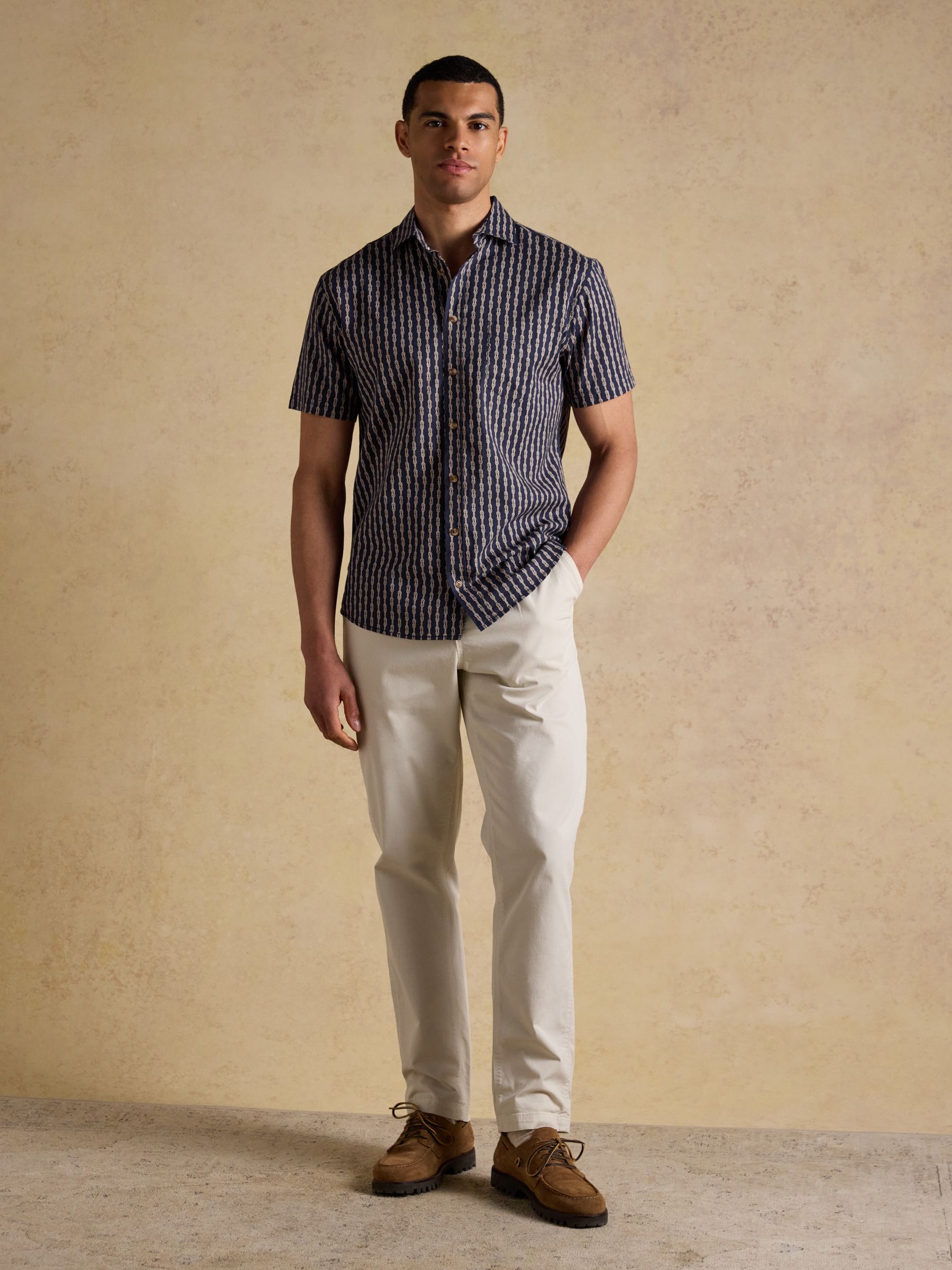 Linen Blend Navy Printed Short Sleeve Shirt - Image 4 of 8