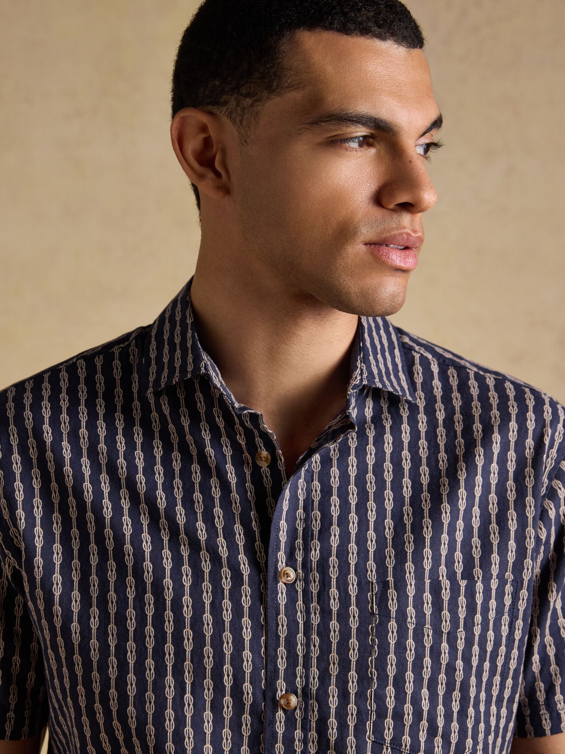 Linen Blend Navy Printed Short Sleeve Shirt - Image 6 of 8