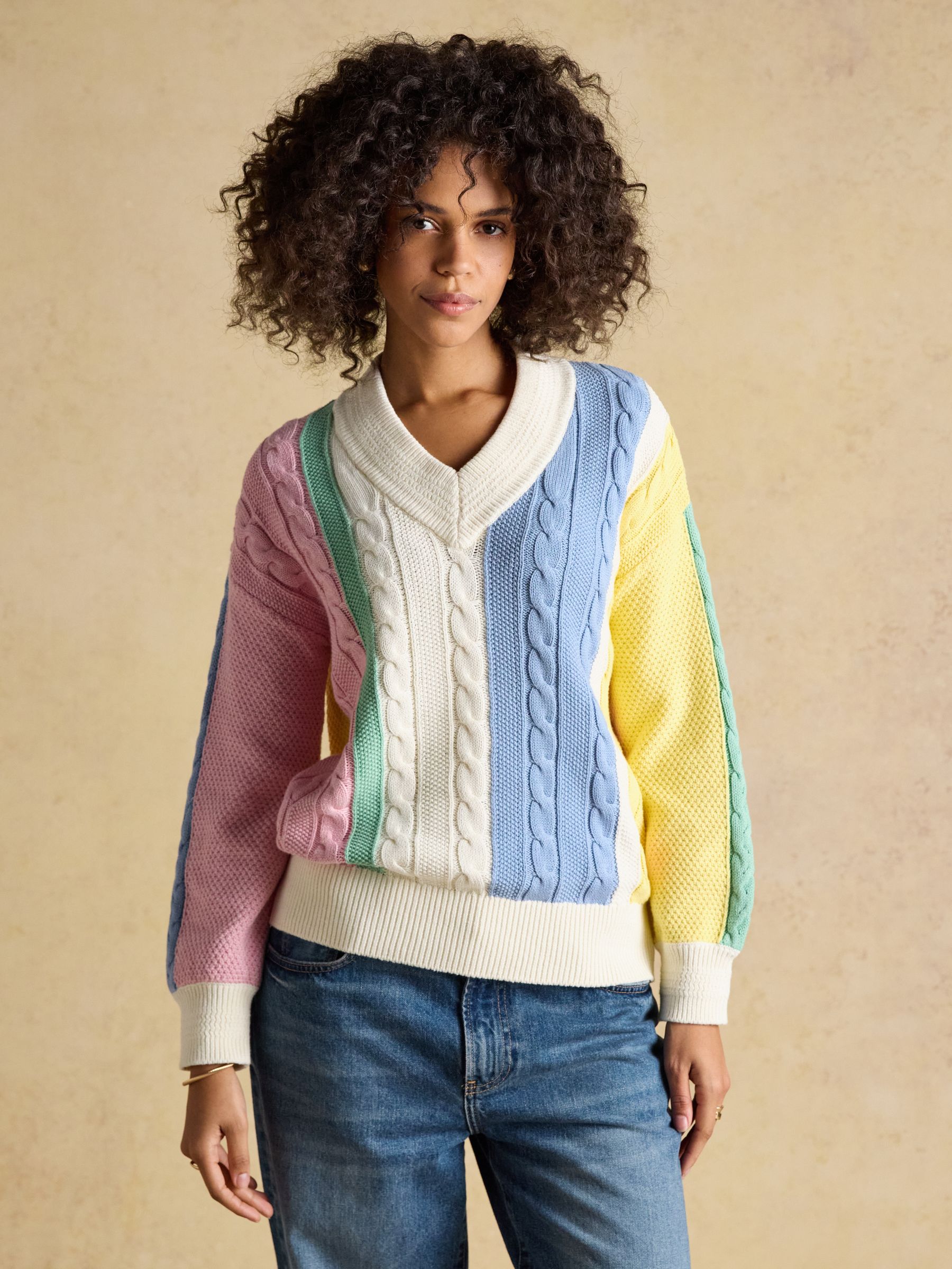 Multi Stripe Cable Knit Cricket Cotton Jumper | Joules