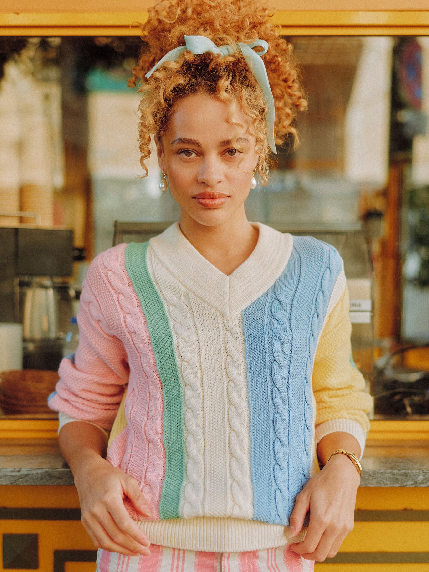 Multi Stripe Cable Knit Cricket Cotton Jumper - Image 1 of 9