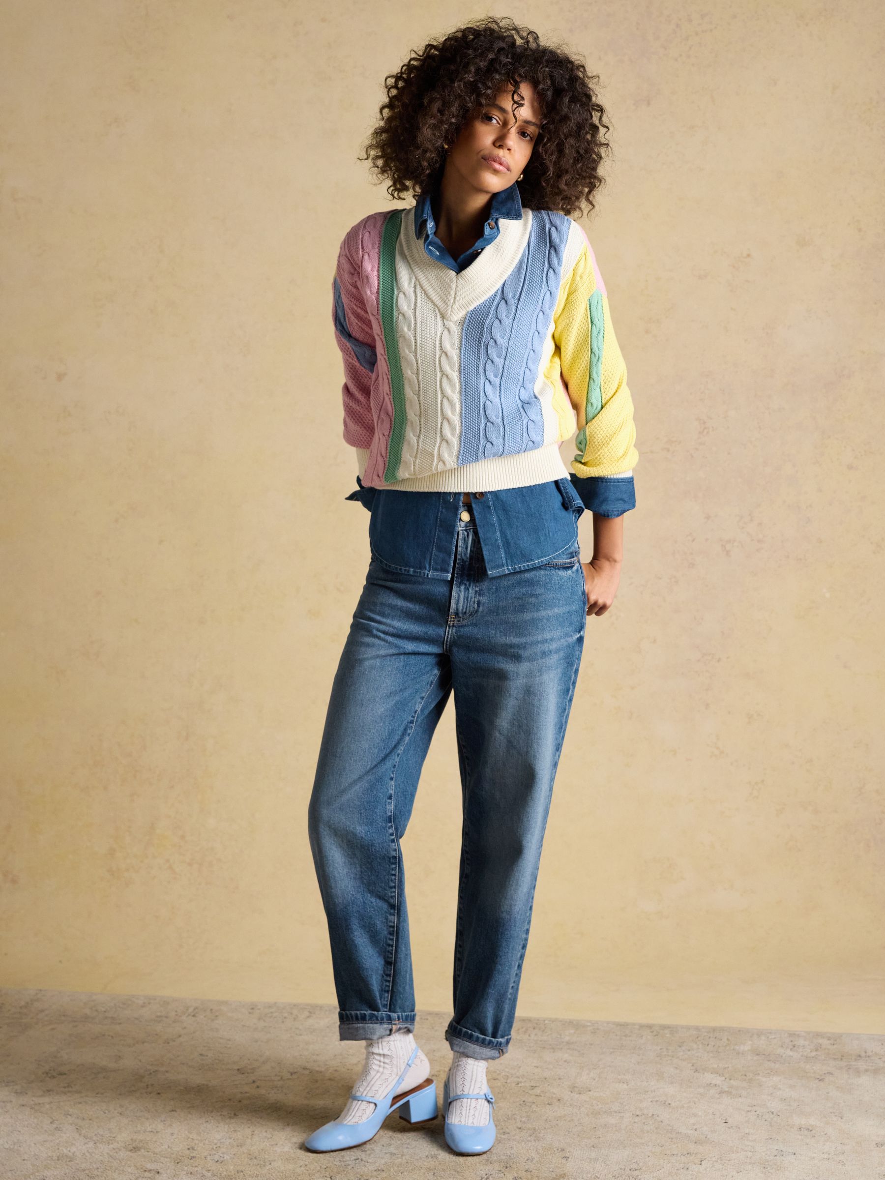 Multi Stripe Cable Knit Cricket Cotton Jumper | Joules