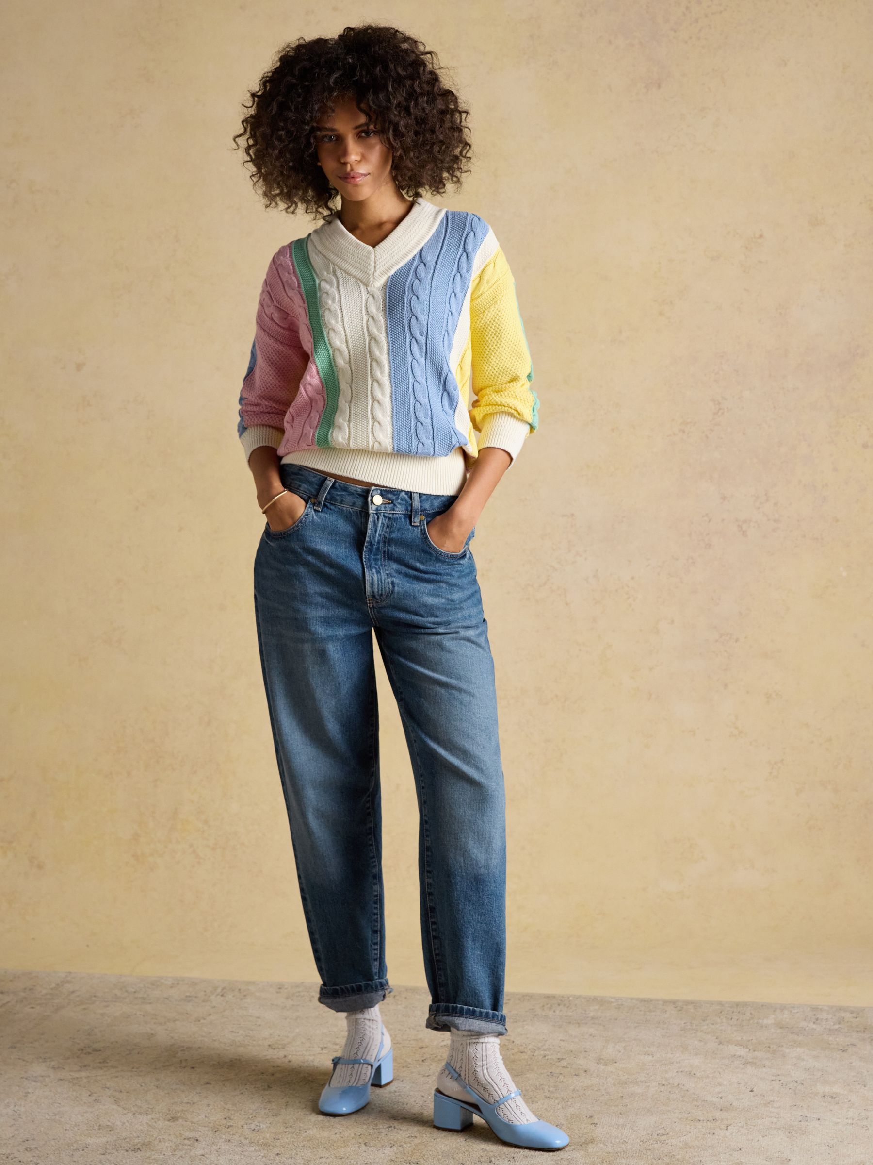 Multi Stripe Cable Knit Cricket Cotton Jumper - Image 5 of 9