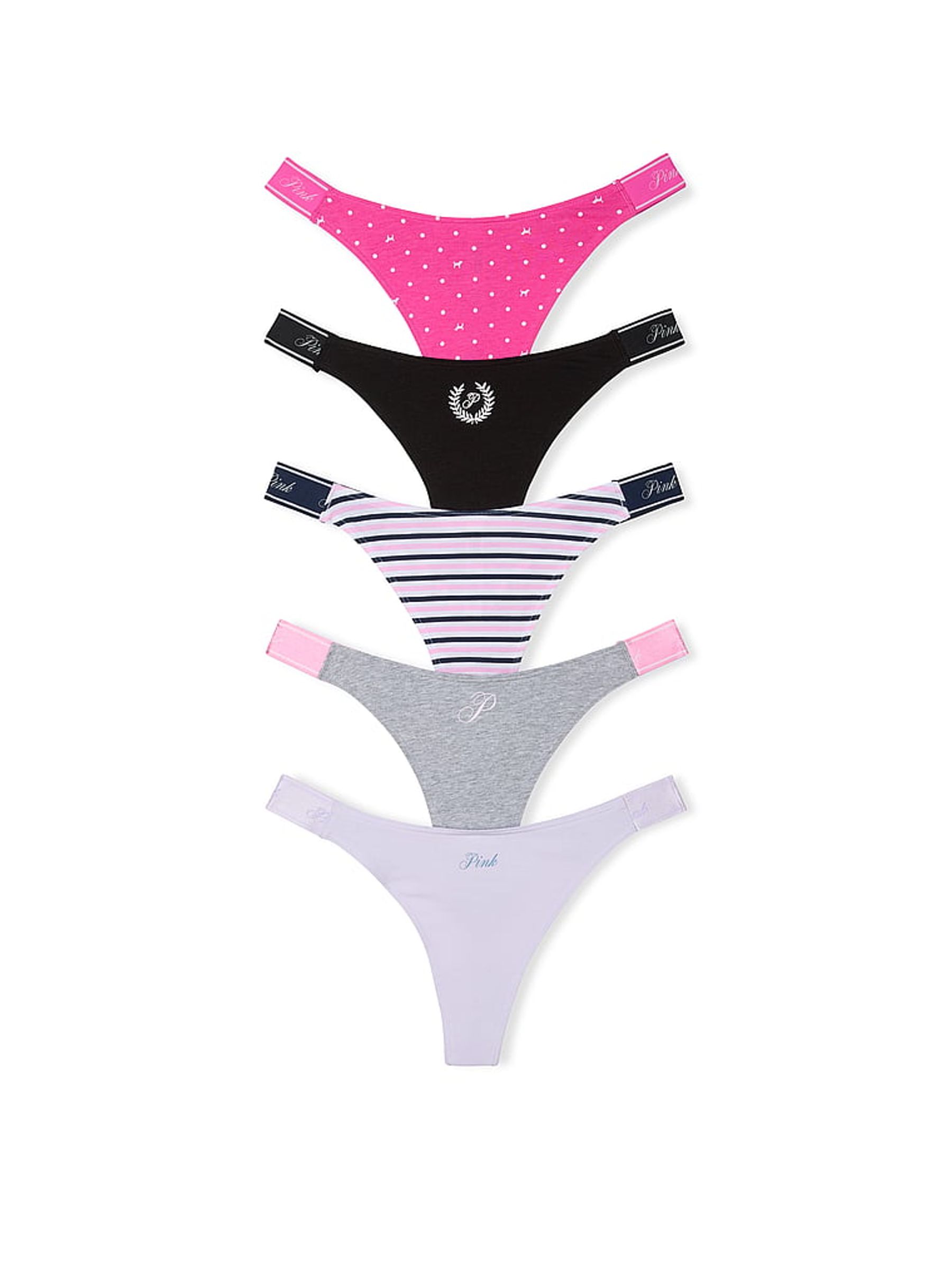 Black/Grey/White/Brown/Pink Thong Cotton Logo Knickers 5 Pack