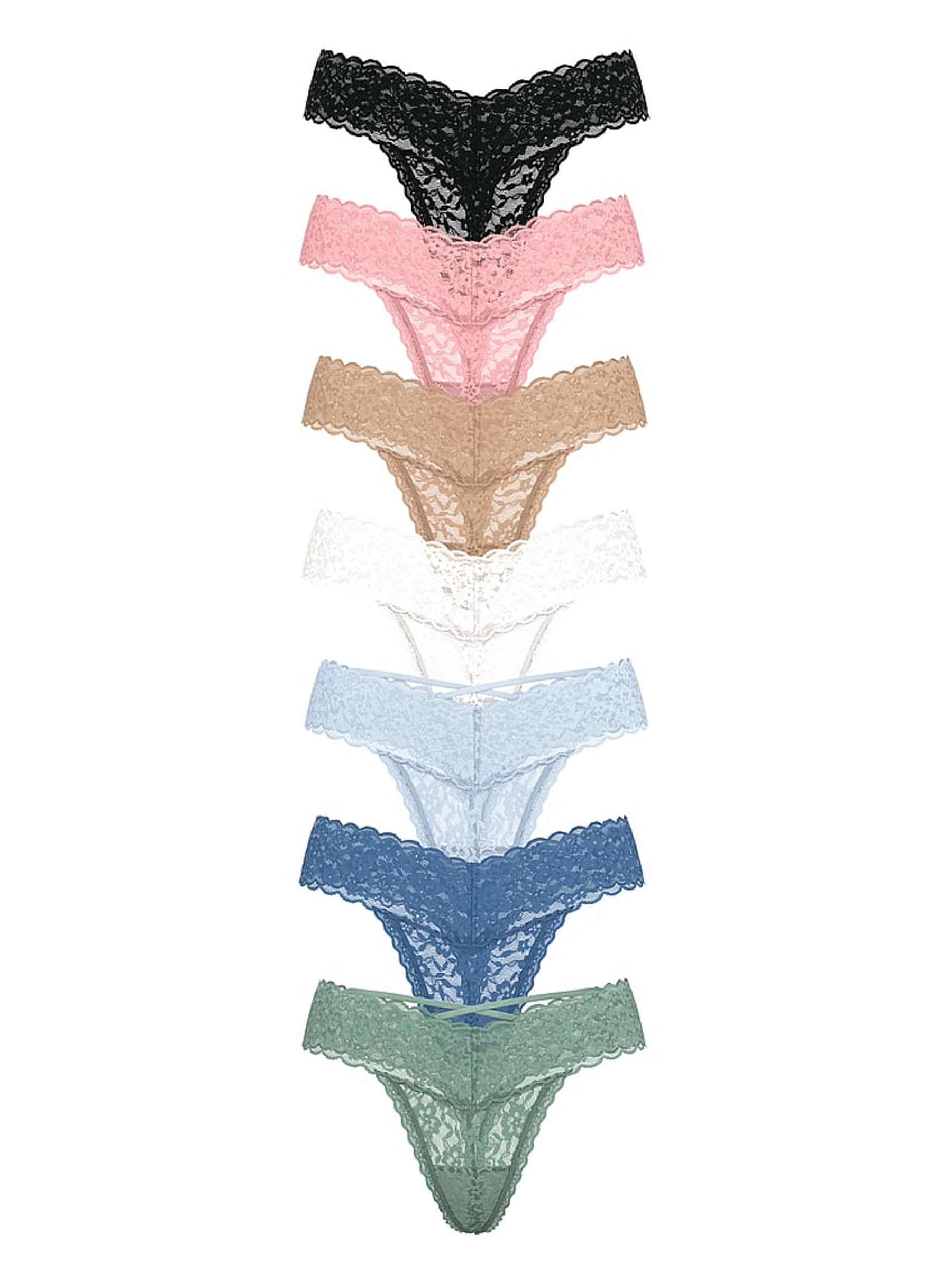 Black/Pink/Nude/White/Blue/Green Thong 7 Pack Lace Trim Knickers - Image 1 of 2