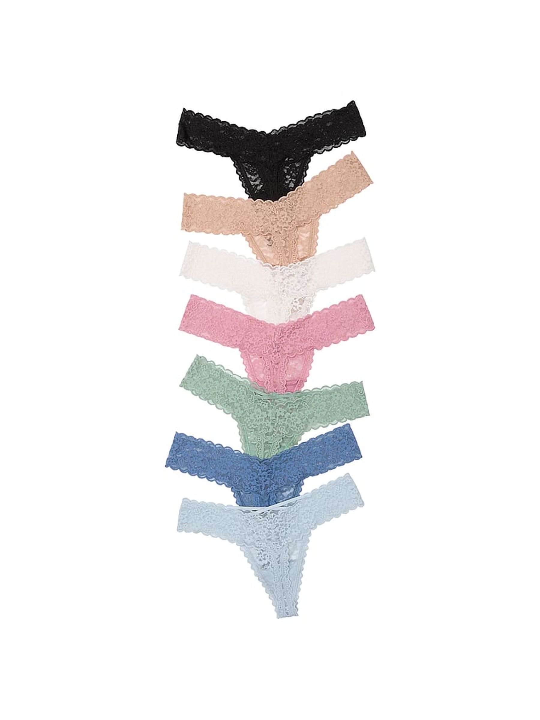 Black/Pink/Nude/White/Blue/Green Thong 7 Pack Lace Trim Knickers - Image 4 of 4