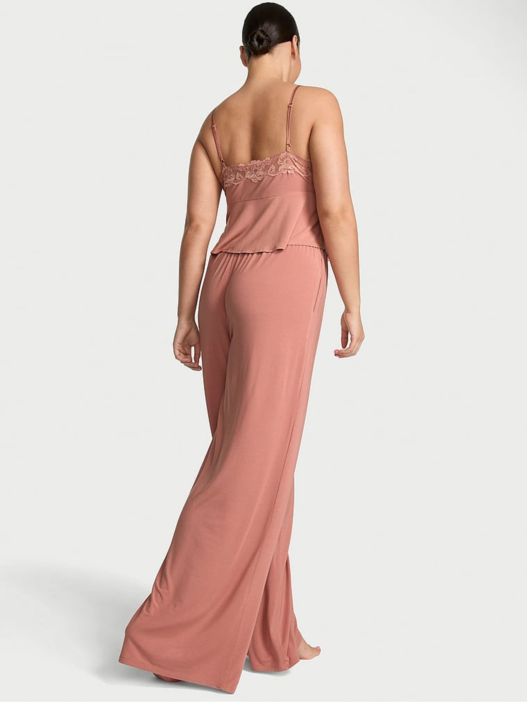 Desert Blush Brown Modal Lace Trim Cami & Wide Leg Trouser Set - Image 2 of 3