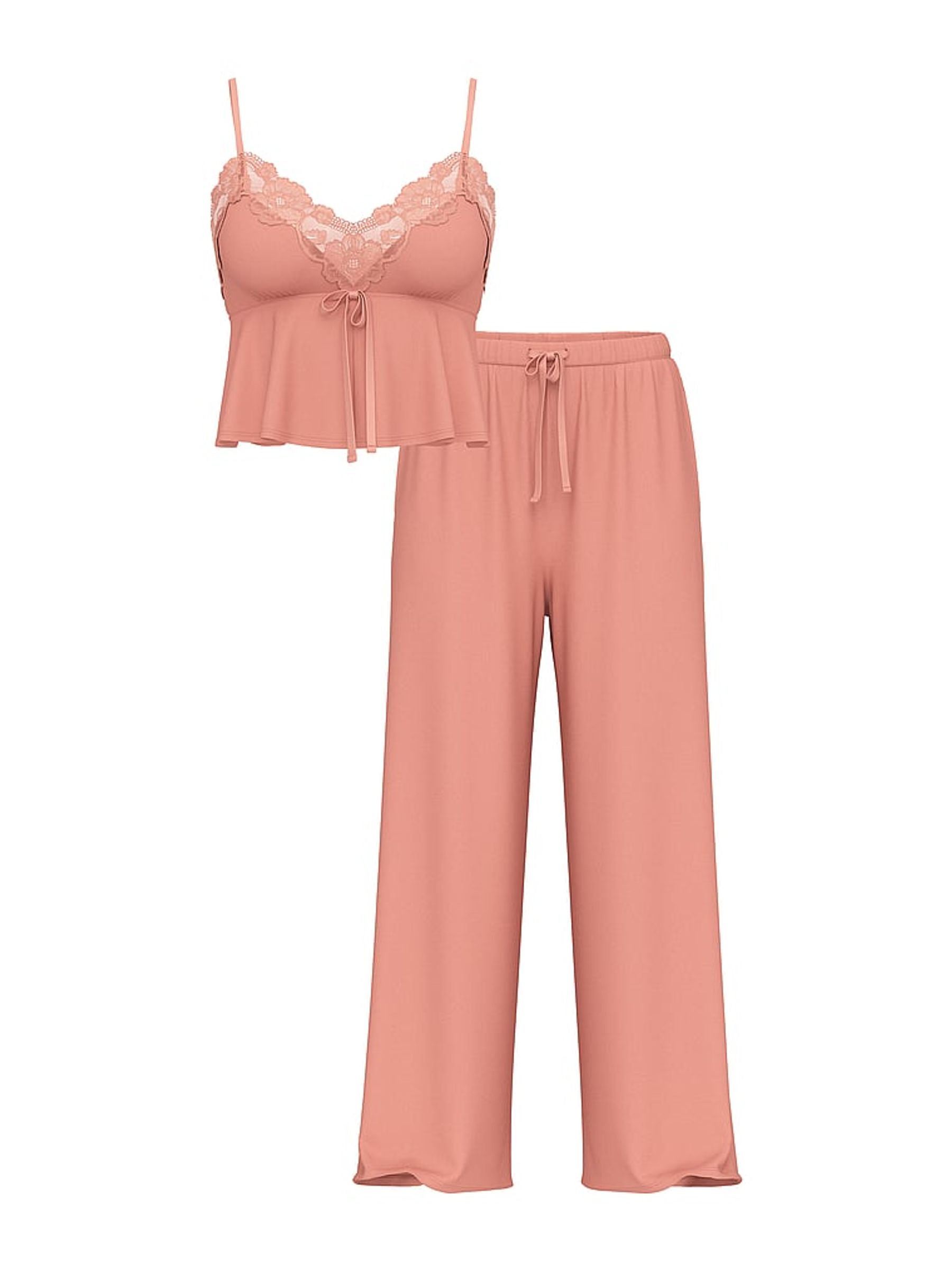 Desert Blush Brown Modal Lace Trim Cami & Wide Leg Trouser Set - Image 3 of 3