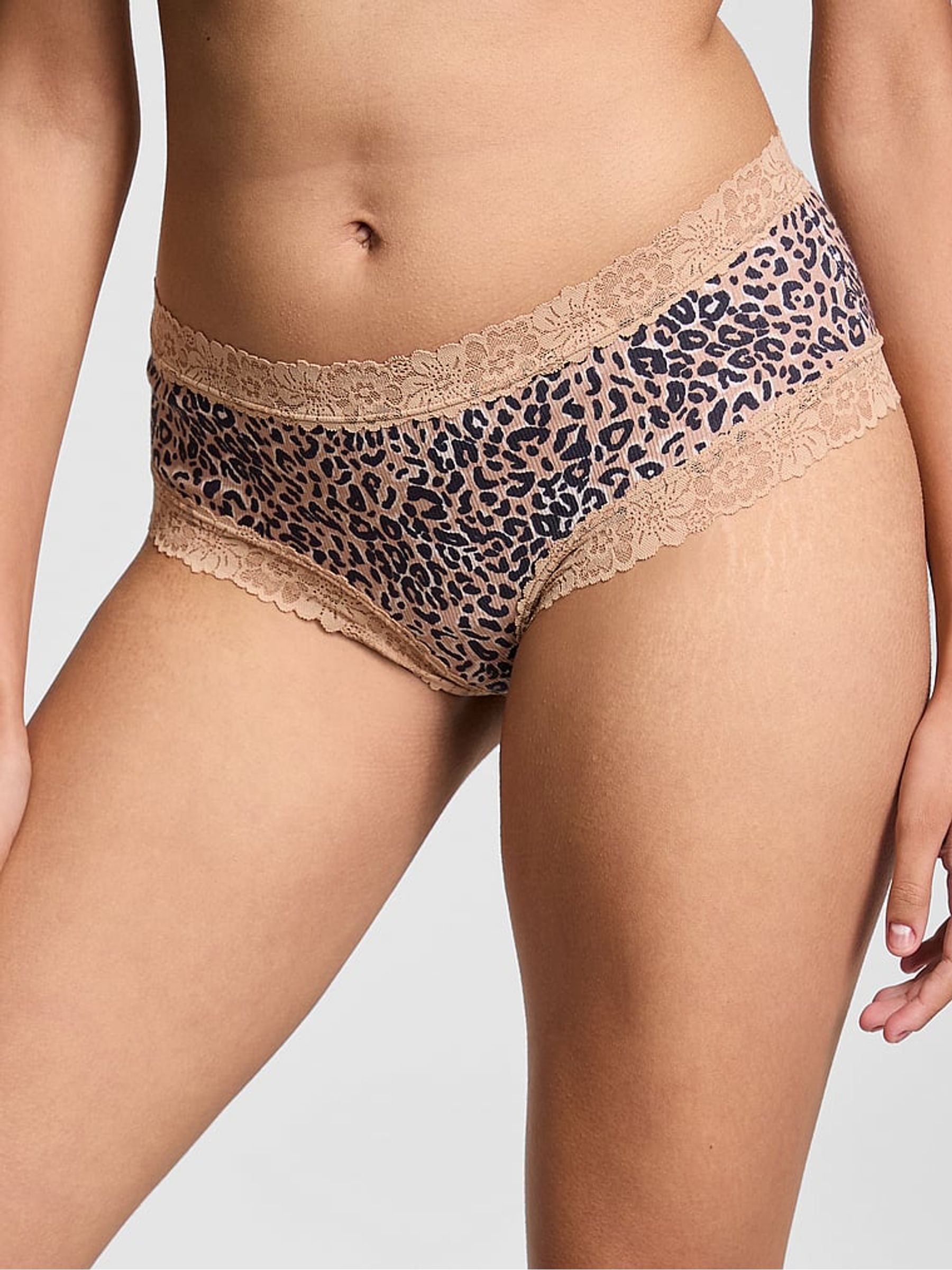 Leopard Brown Cheeky Lace Trim Rib Knickers - Image 1 of 3