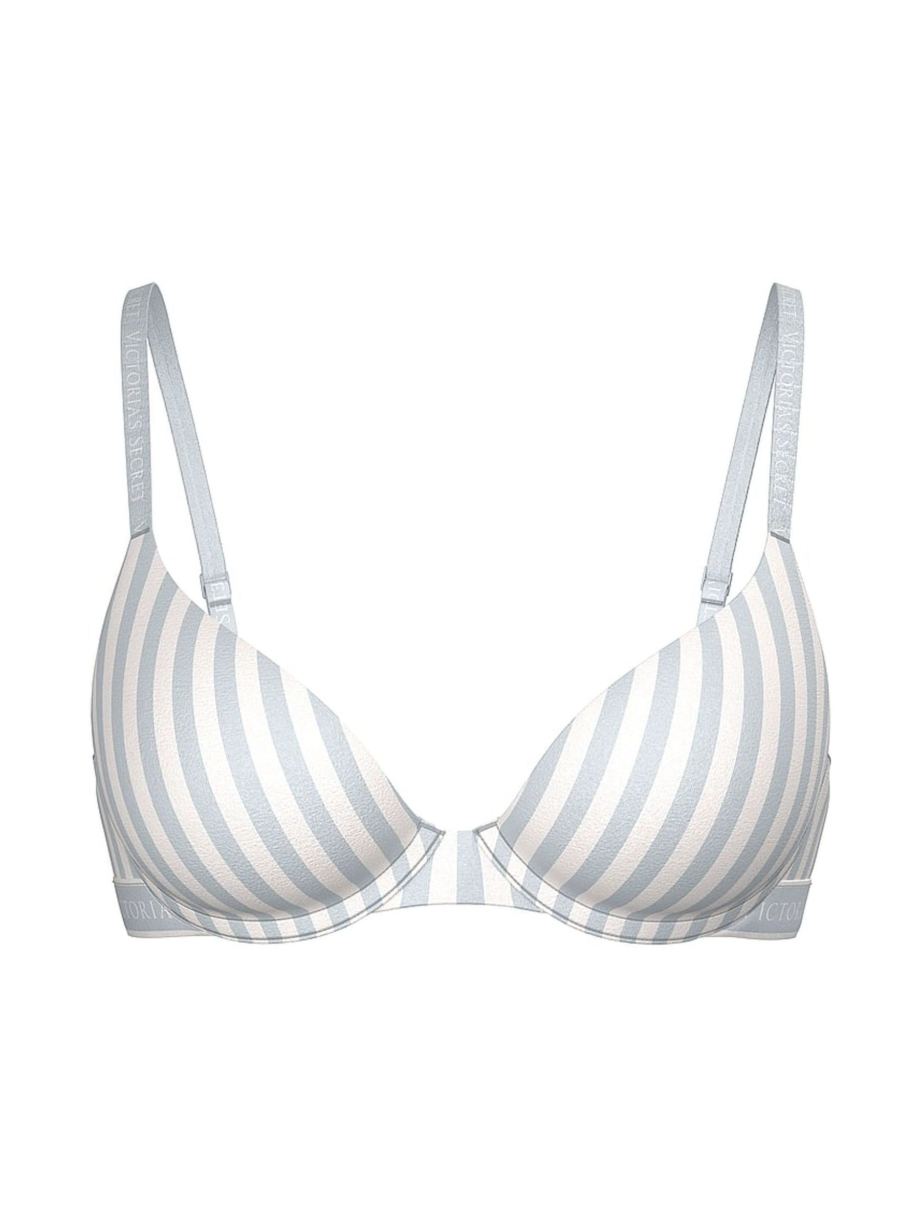 Grey Fog Stripe Full Cup Push Up Cotton Logo Bra - Image 1 of 2