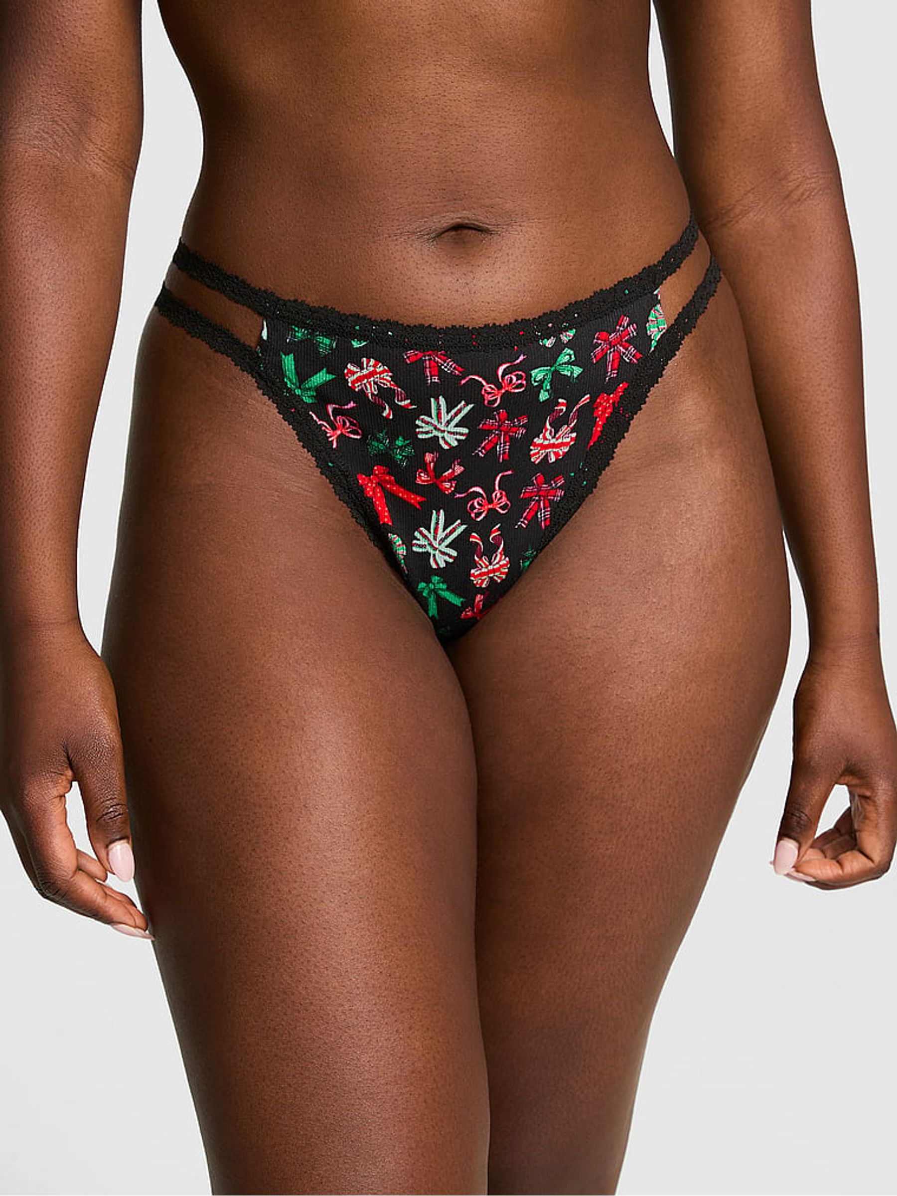 Black Bows Thong Lace Trim Rib Knickers - Image 1 of 3