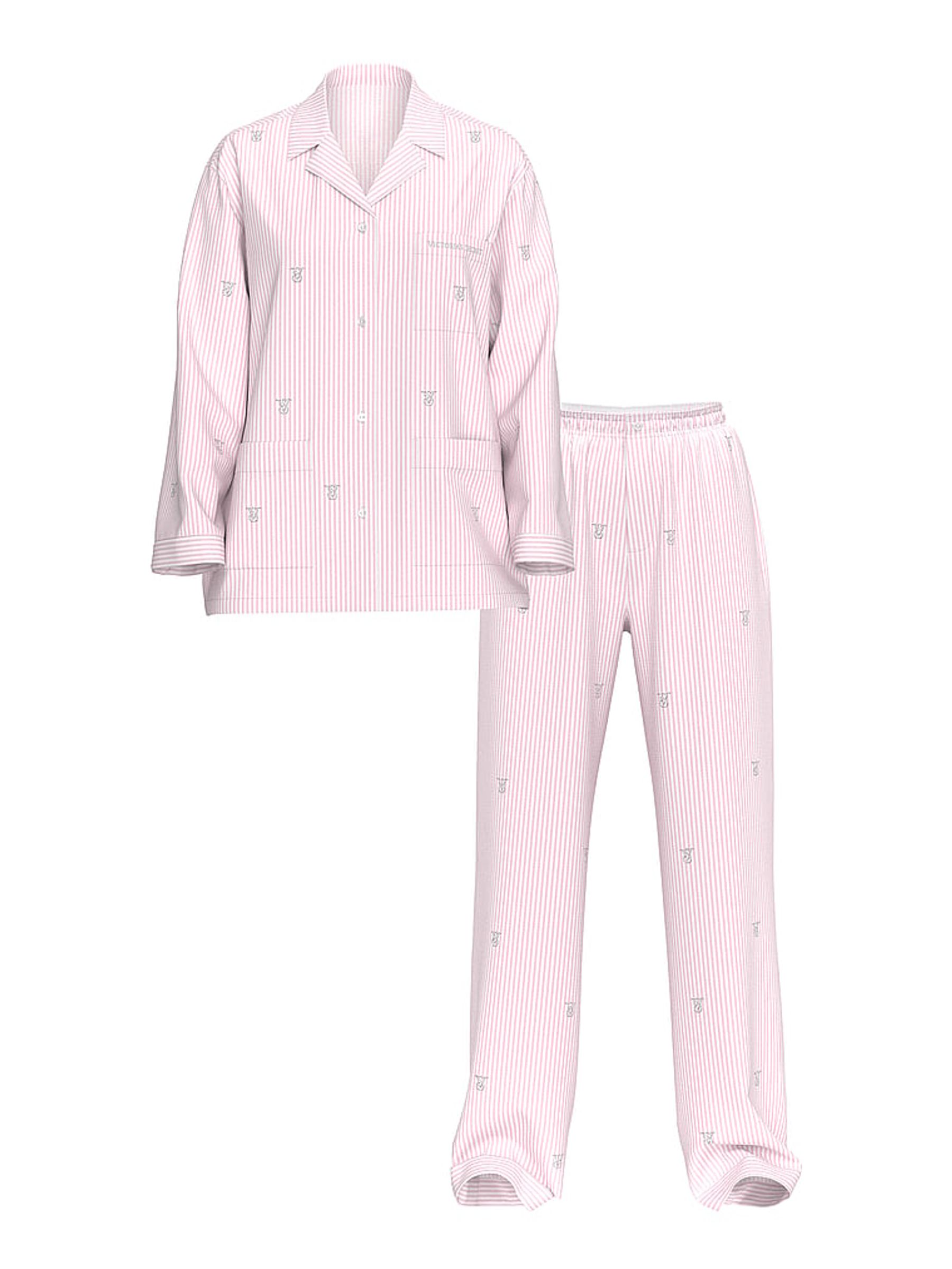 Pink Iconic Stripe Oversized Cotton Long Diamante Pyjama Set - Image 3 of 4