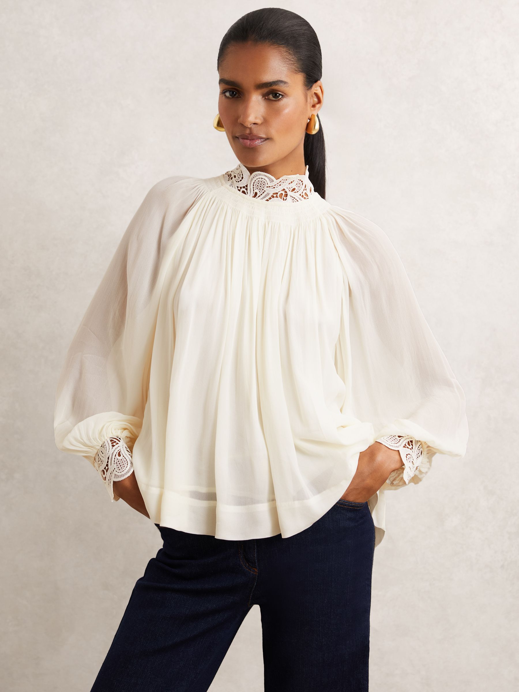 Lace-Trim Draped Chiffon Top in Cream - Image 1 of 9