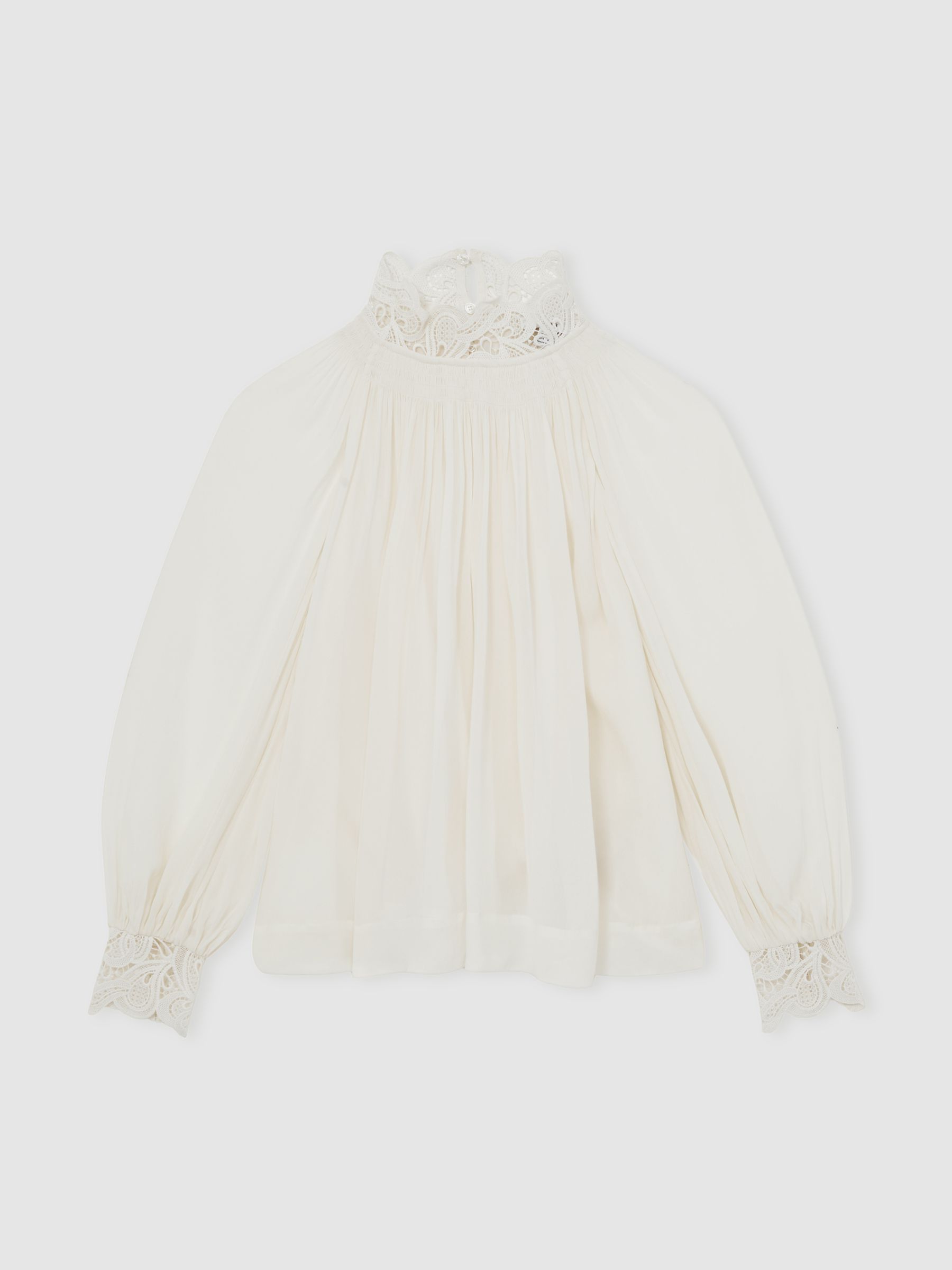 Lace-Trim Draped Chiffon Top in Cream - Image 2 of 9