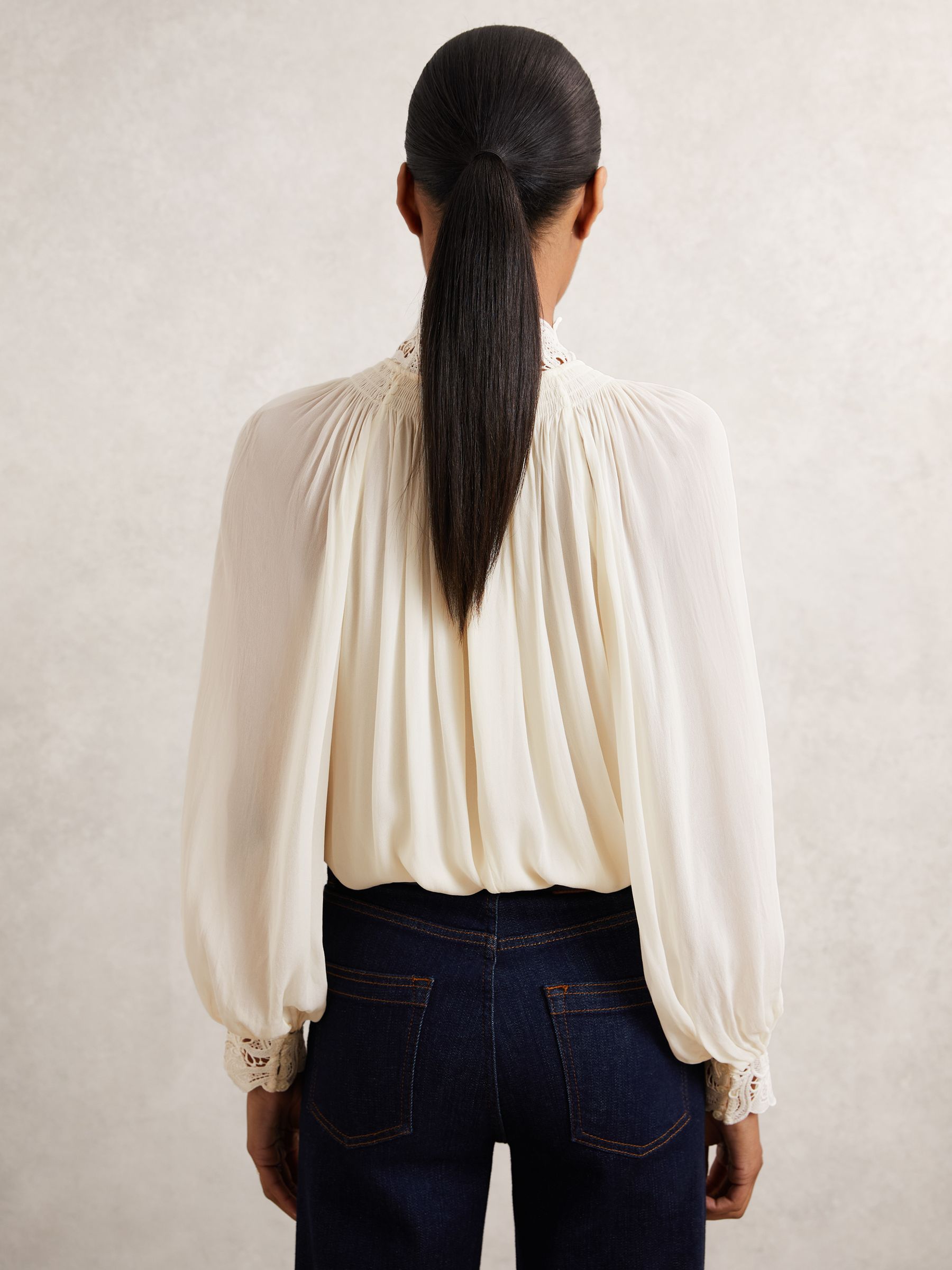 Lace-Trim Draped Chiffon Top in Cream - Image 7 of 9