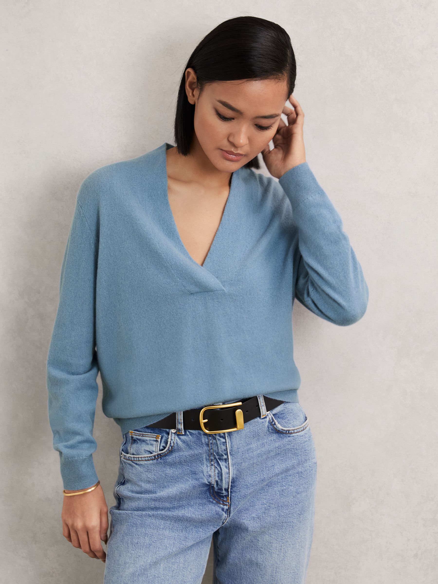 Cashmere V-Neck Jumper in Blue - Image 1 of 6 Cashmere V-Neck Jumper in Blue - Image 1 of 6