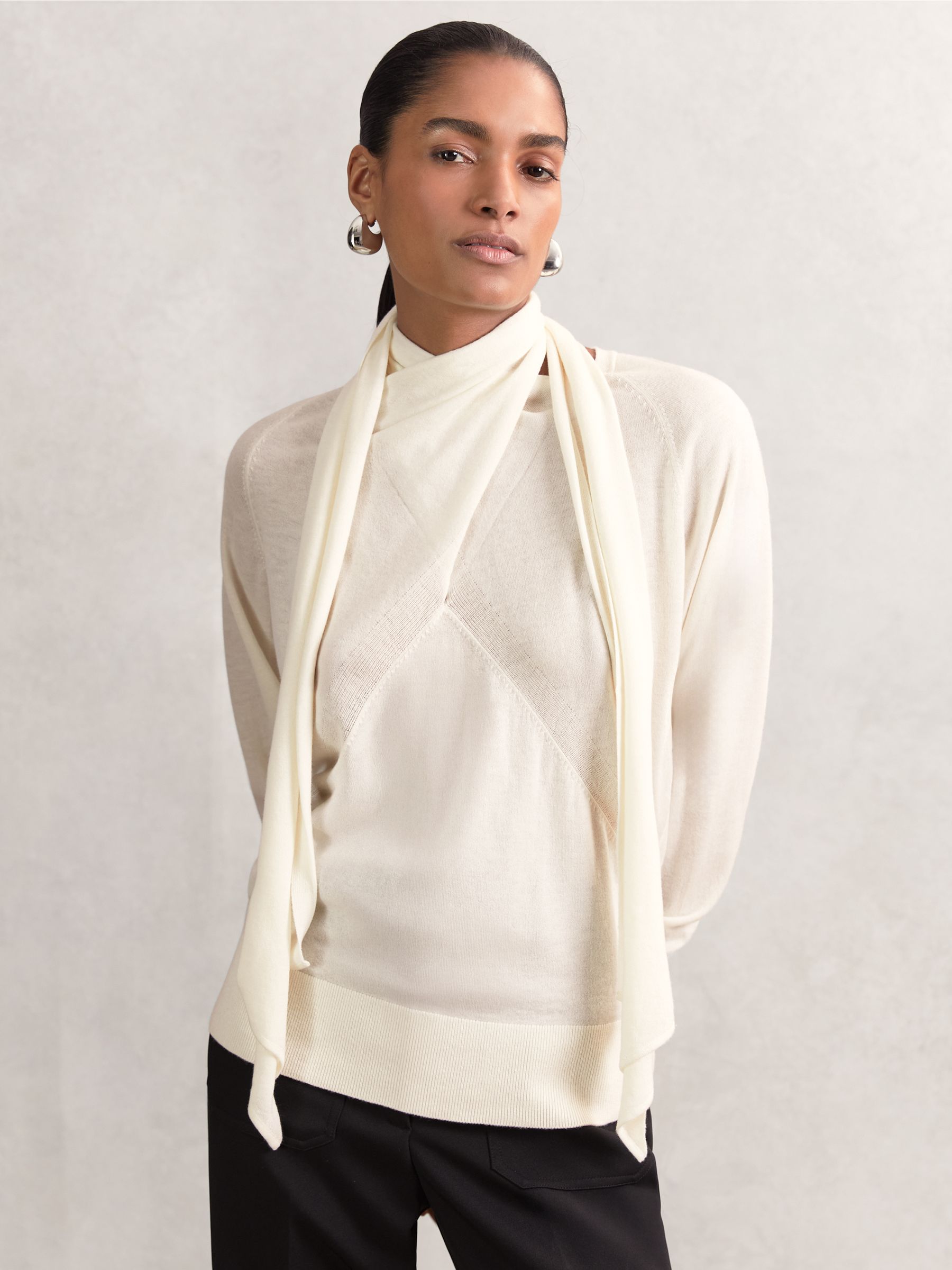 Wool Scarf-Tie Draped Jumper in Cream - Image 1 of 5