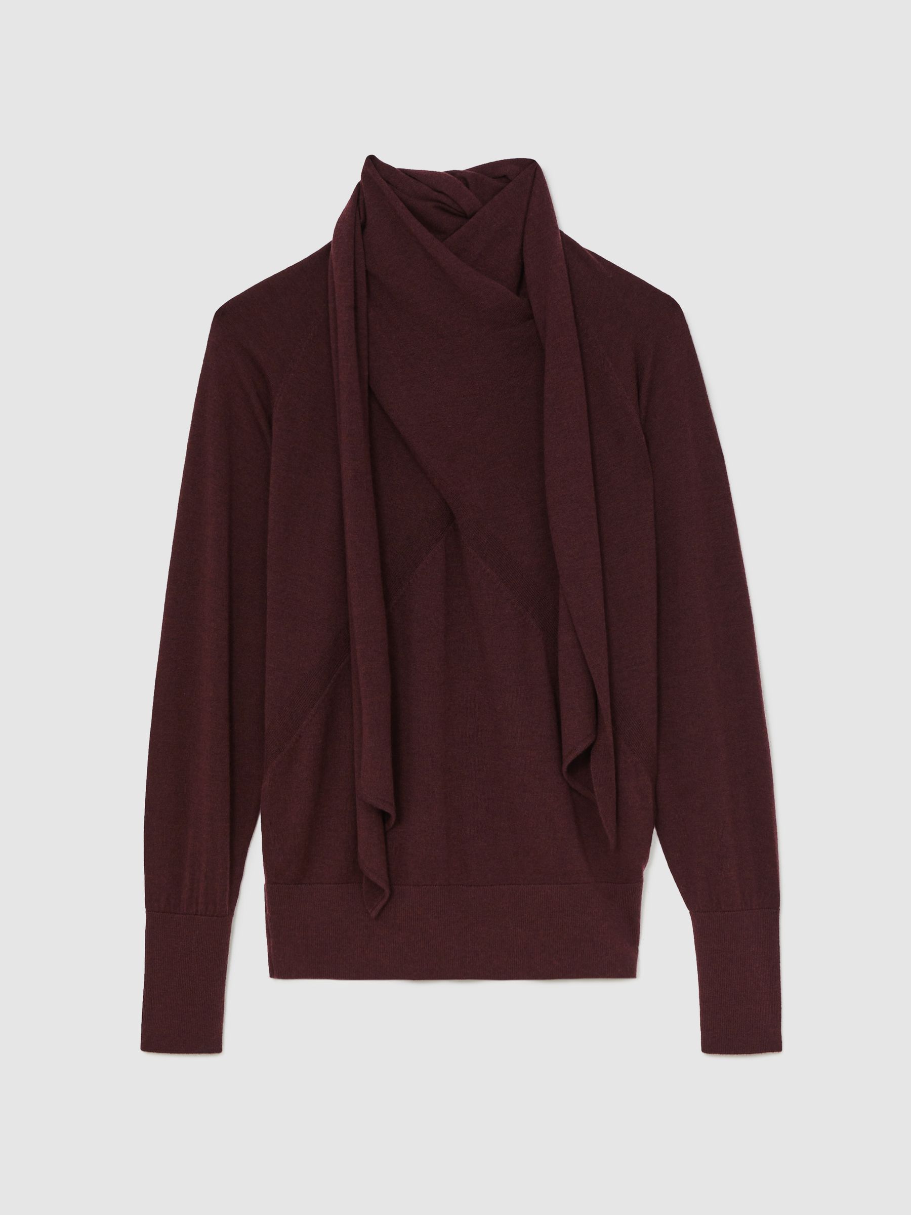 Wool Scarf-Tie Draped Jumper in Burgundy - Image 2 of 5