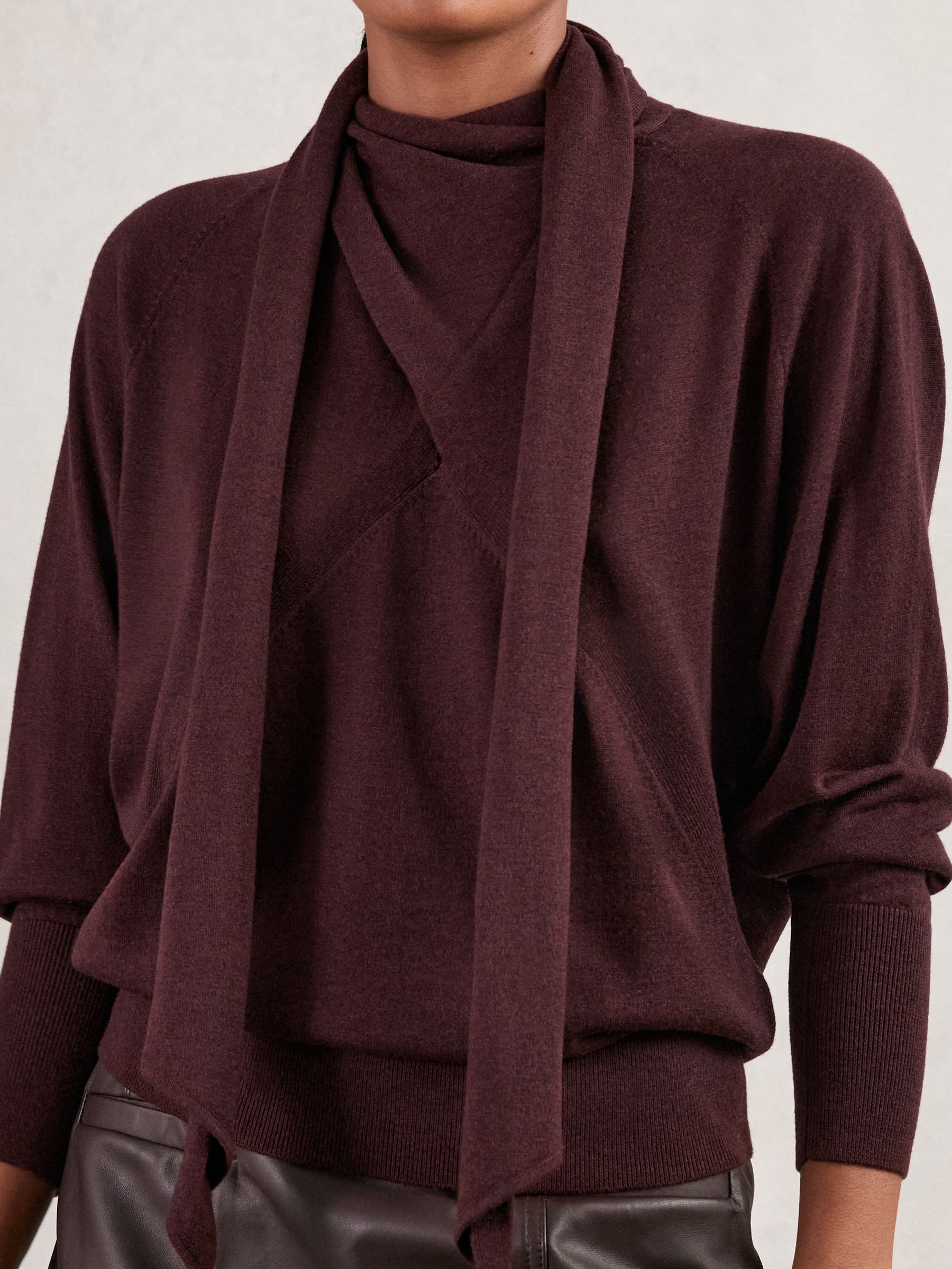 Wool Scarf-Tie Draped Jumper in Burgundy - Image 3 of 5