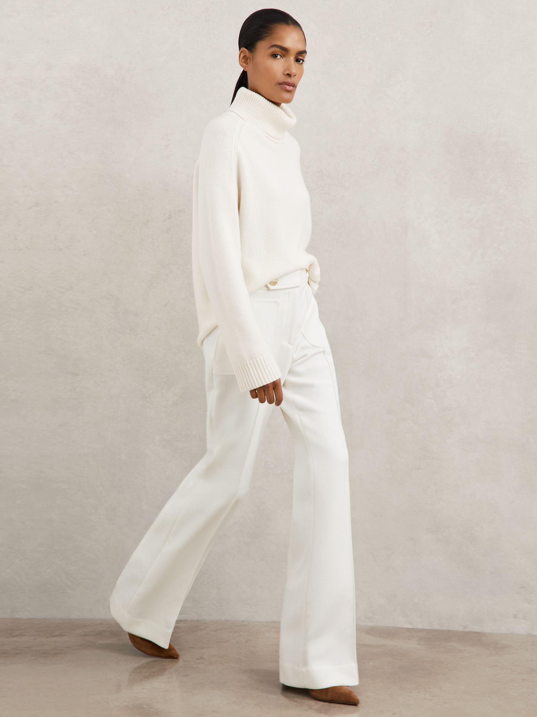 Twill Button-Tab Flared Trousers With Wool in White - Image 1 of 9