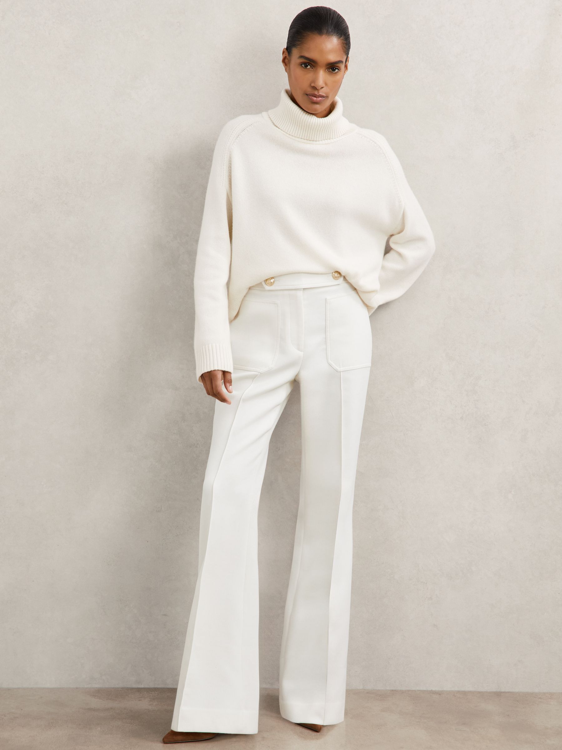 Twill Button-Tab Flared Trousers With Wool in White - Image 6 of 9