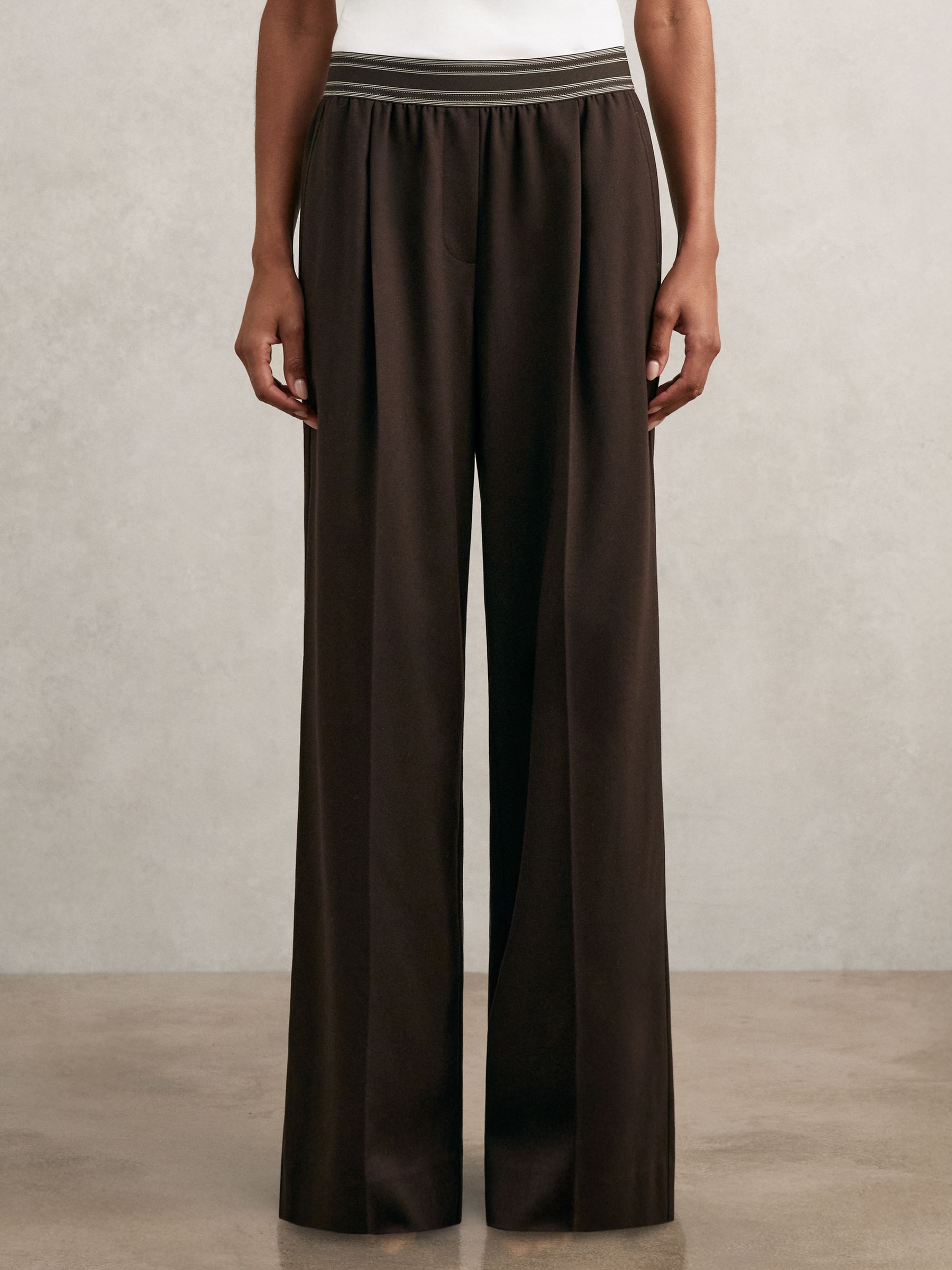 Petite Wide-Leg Contrast-Waistband Trousers in Chocolate Brown - Image 1 of 7