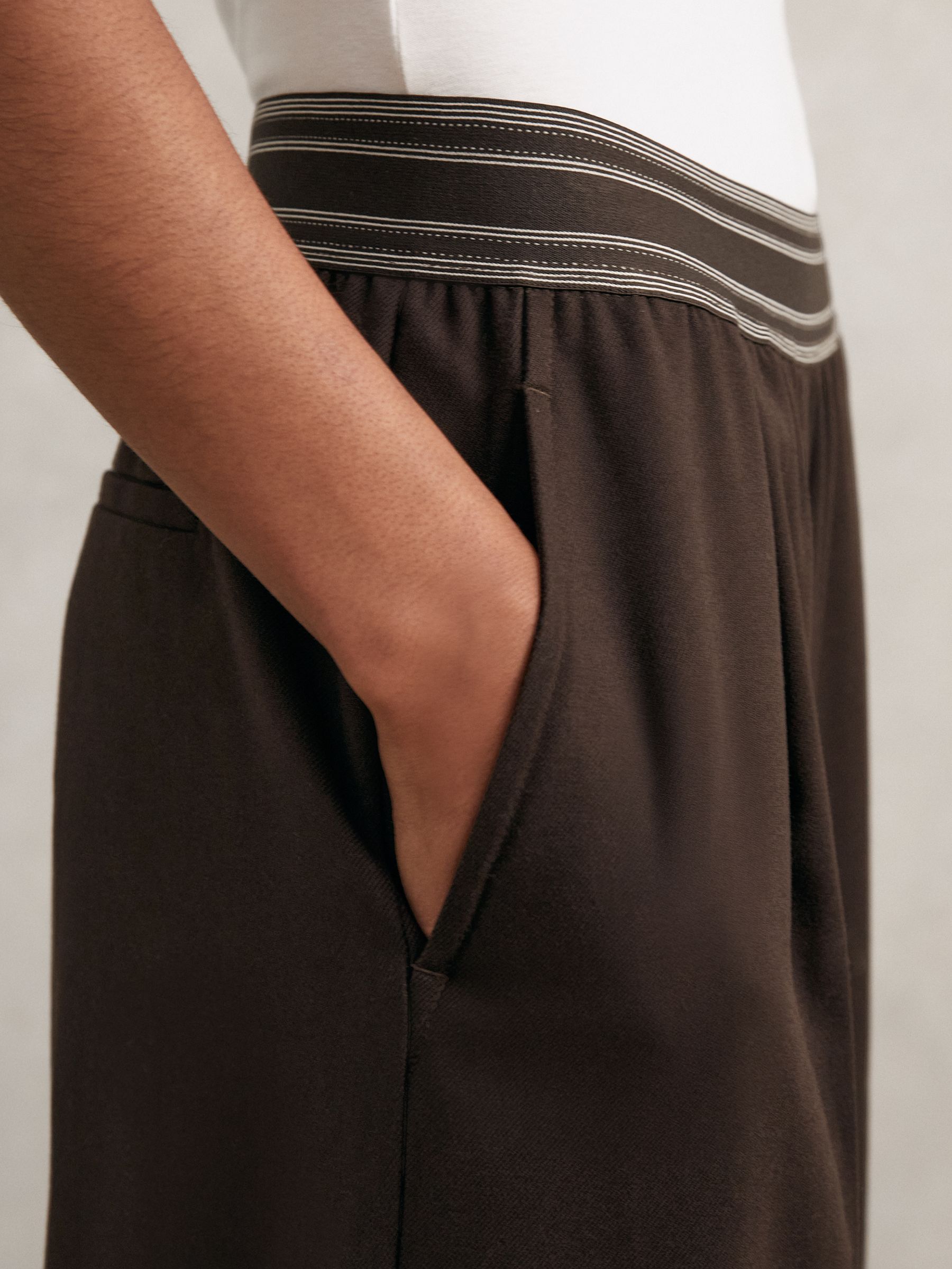 Wide-Leg Contrast-Waistband Trousers in Chocolate Brown - Image 4 of 6