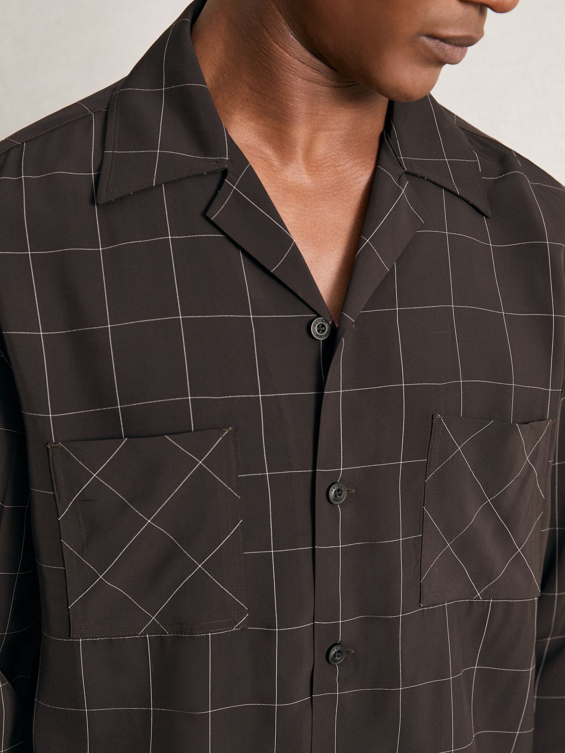 Windowpane-Check Cuban-Collar Shirt in Dark Brown - image 4